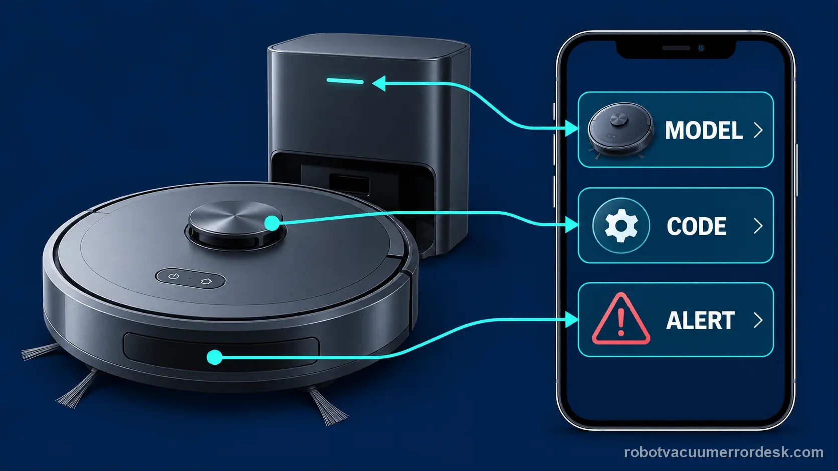 Illustration showing a generic robot vacuum and app fields labeled model, code, and alert for matching the exact Narwal fault.