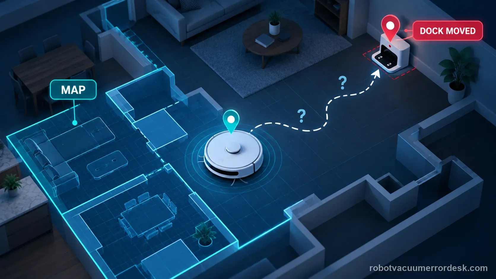 Illustration of a robot vacuum map with a moved dock marker and a route mismatch, representing a localization check.
