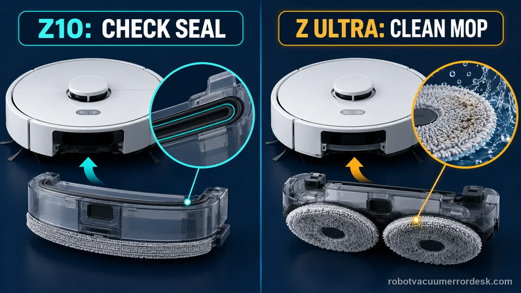 Split illustration comparing a Z10 sealing-plate check with a Freo Z Ultra clean-mop-module path for matching error codes.