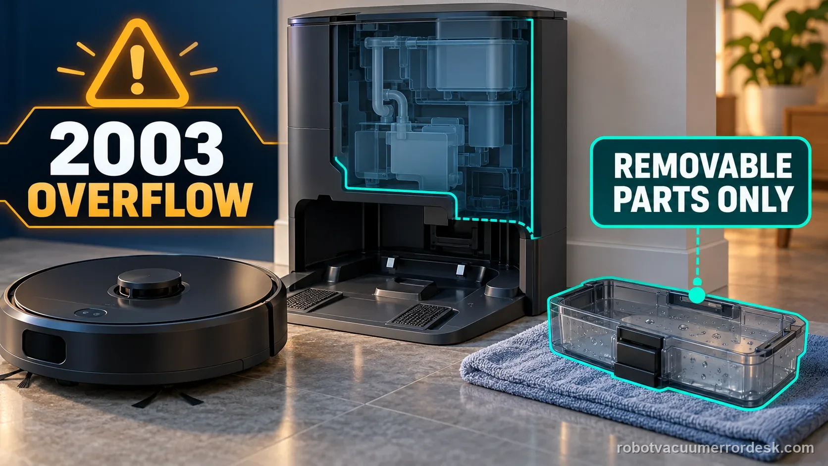 Illustration of a robot-vacuum base with a removable water tray separated from the sealed interior for an Error 2003 check.