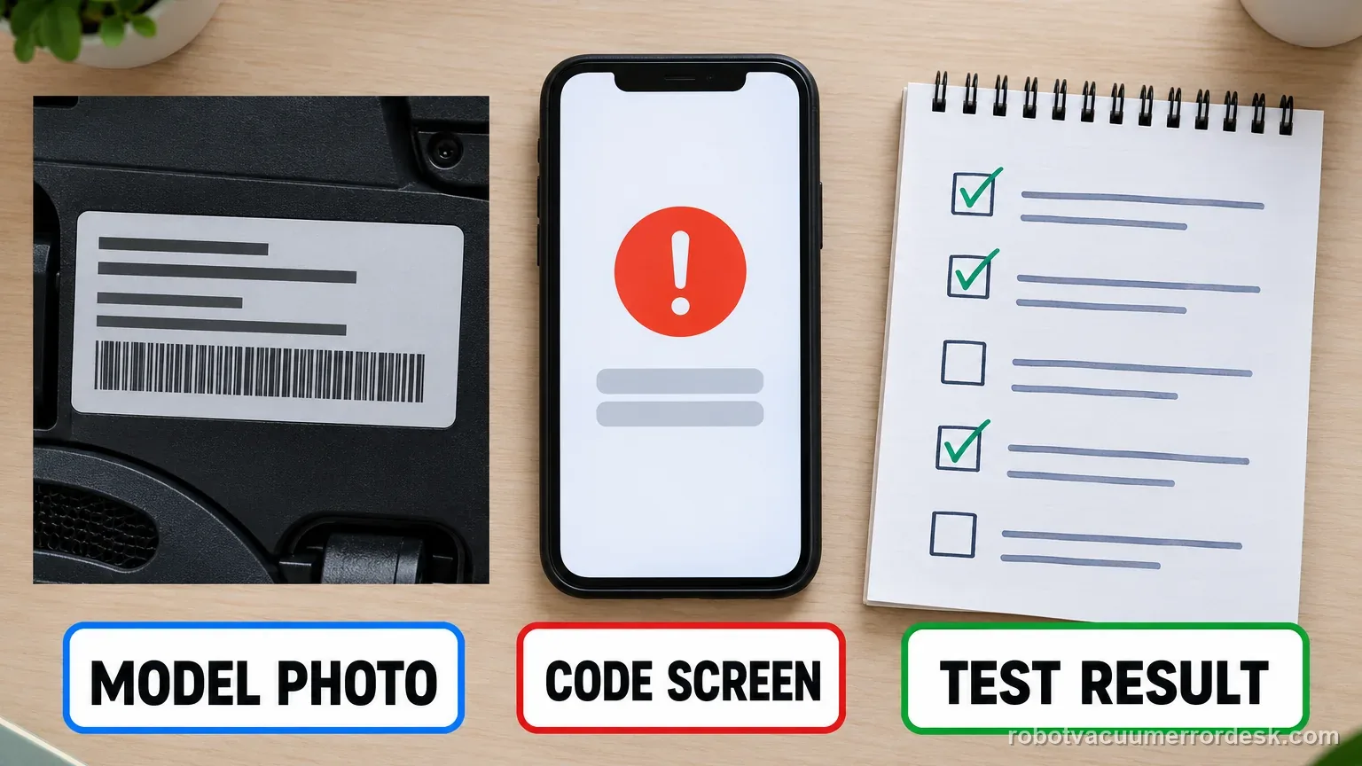 Top-down support evidence board with a model label photo, app code screen, and a three-check test result record beside a generic vacuum.