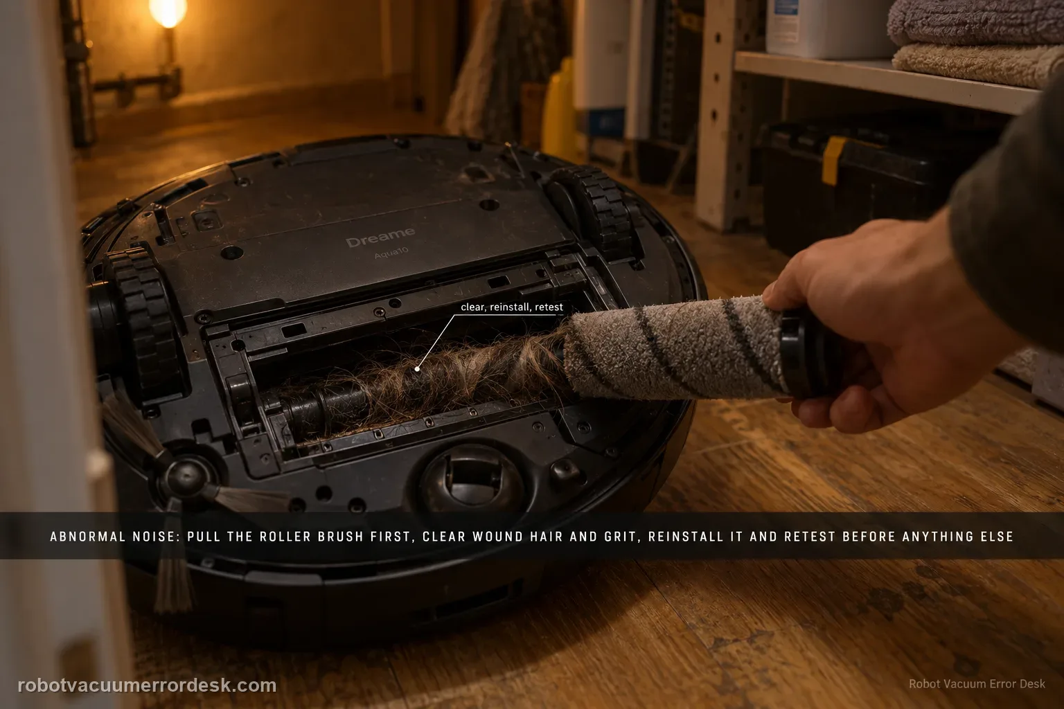 A flipped Dreame Aqua10 in a warm utility closet with its roller brush half withdrawn and hair wound into the roller cavity, a hand gripping the brush end.