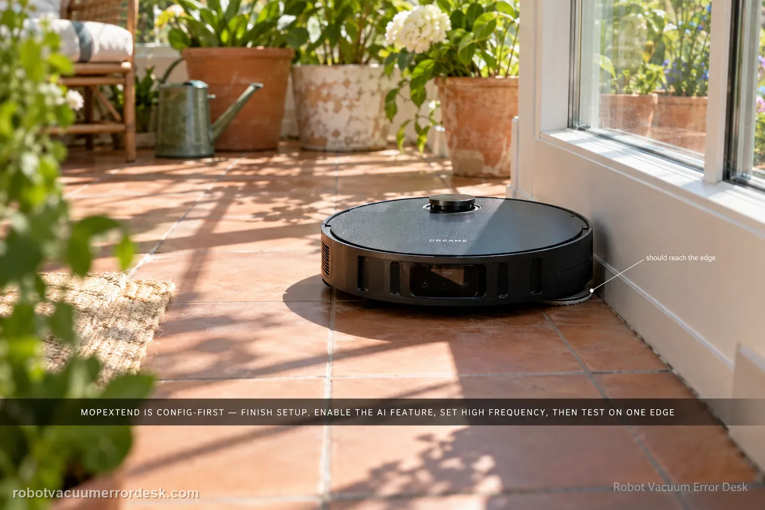 Three-quarter shot in a bright plant-filled sunroom under hard midday sun on terracotta tiles with strong shadow shapes, a Dreame Aqua10 running the edge along a glass garden door with its mop pad NOT swung out toward the skirting, captioned that MopExtend is config-first: finish setup, enable the AI feature, set High Frequency, then test on one edge.