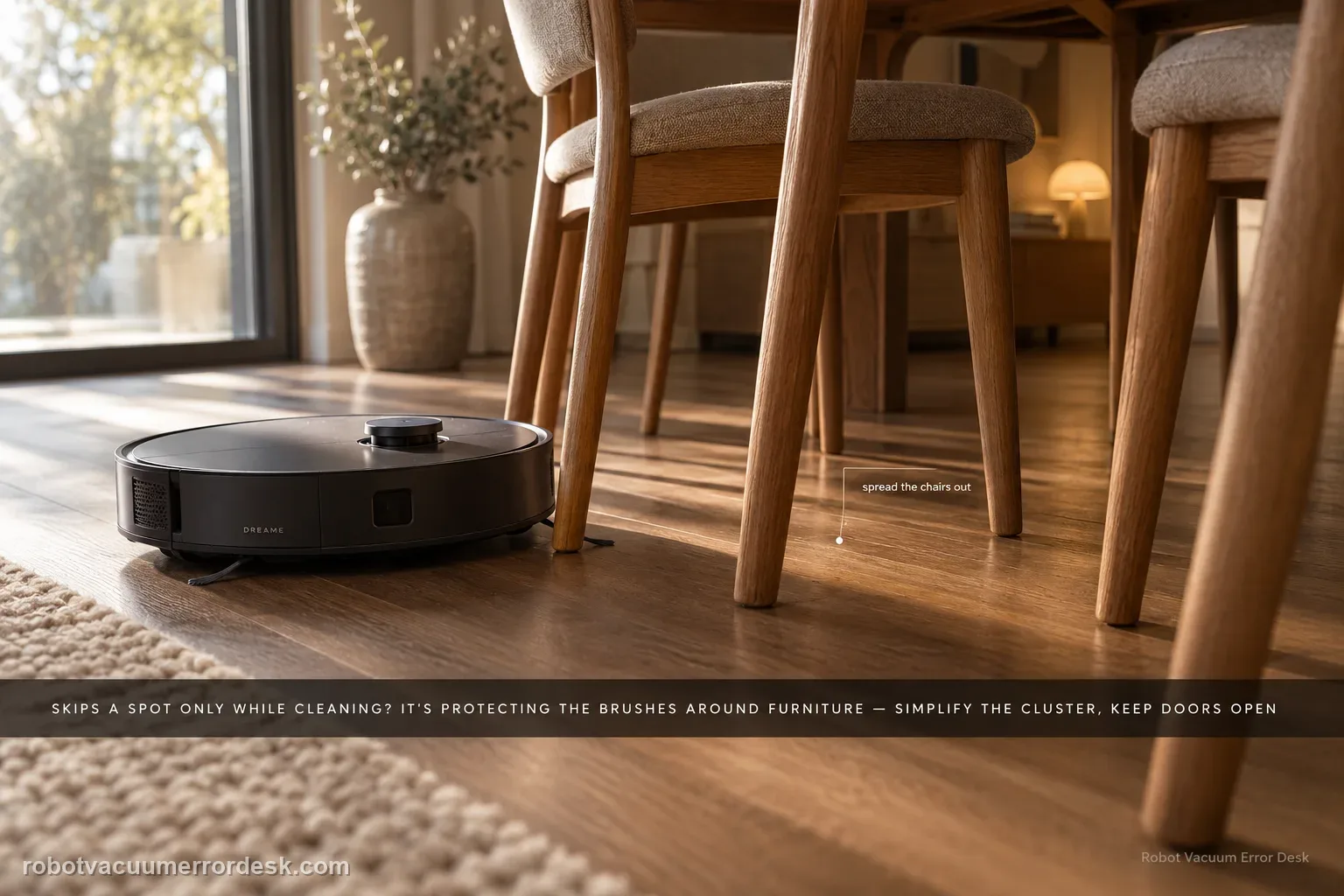 Dreame L20 Ultra pausing beside a tight cluster of dining chair legs on an oak floor with one clear patch of floor visibly untouched between them, captioned that if it skips a spot only while cleaning it is protecting the brushes around furniture: simplify the cluster and keep doors open.