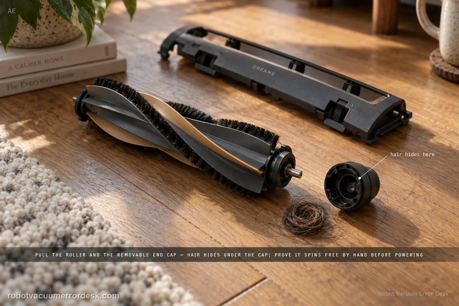 Overhead flat-lay of a Dreame L50 Ultra conical main brush removed beside its lifted brush cover and detached end cap, with a tight coil of hair pulled from the end cap on the oak floor, captioned to pull the roller and the removable end cap because hair hides under the cap, and prove it spins free by hand before powering.