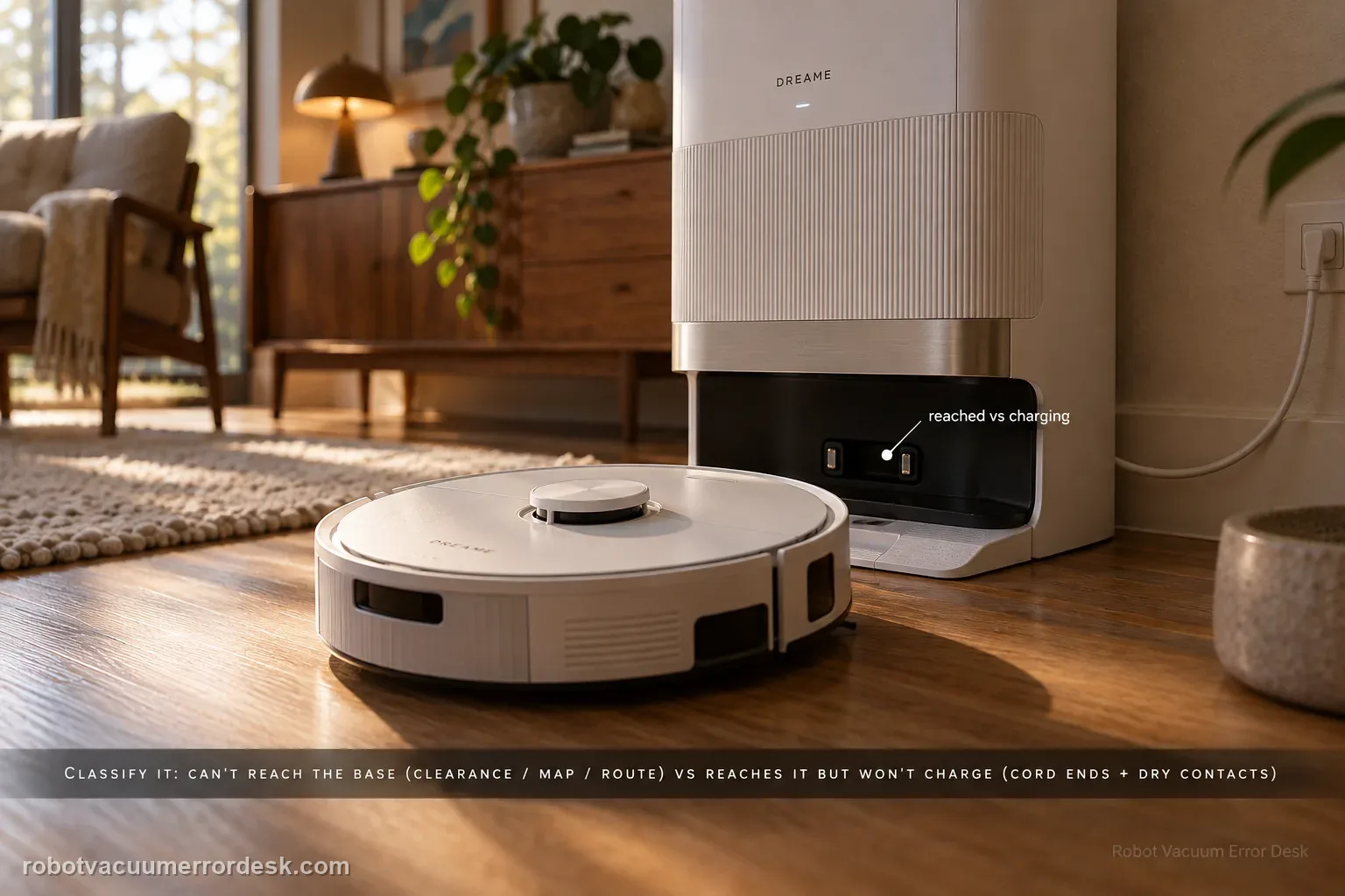 Dreame L50 Ultra AE close to its base station on an oak floor with the return route clear and the station power cord running to the wall, captioned to classify it: can't reach the base (clearance / map / route) vs reaches it but won't charge (cord ends plus dry contacts).