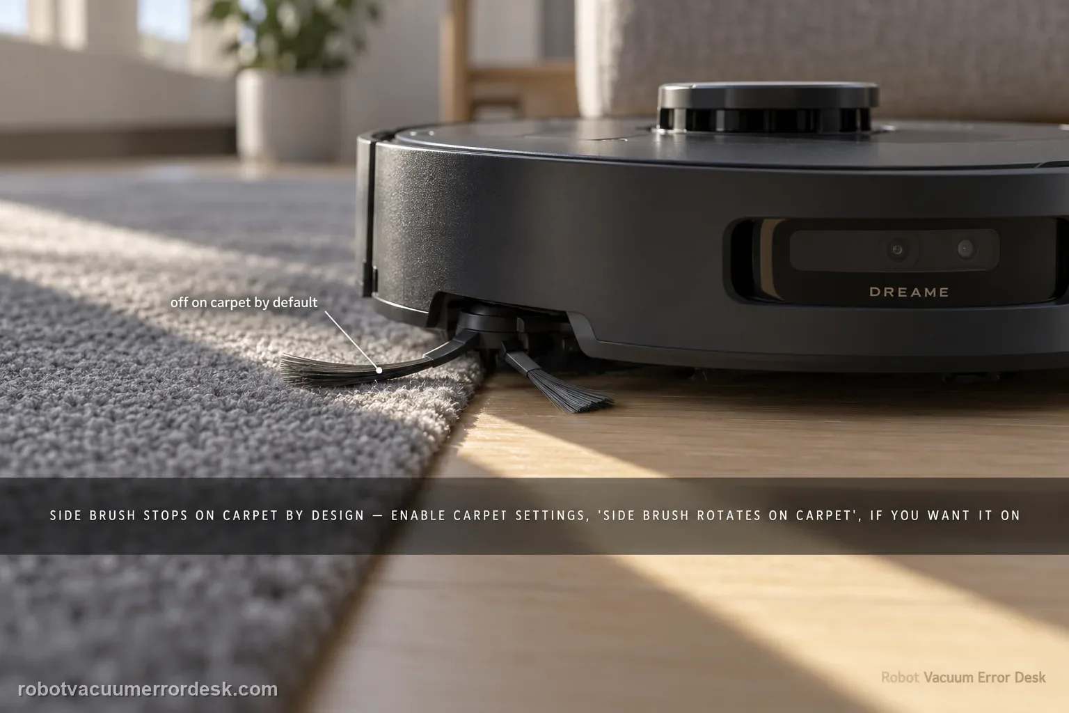 A Dreame X40 Ultra straddling the edge where a grey rug meets oak floor, its side brush lifted and still over the carpet.