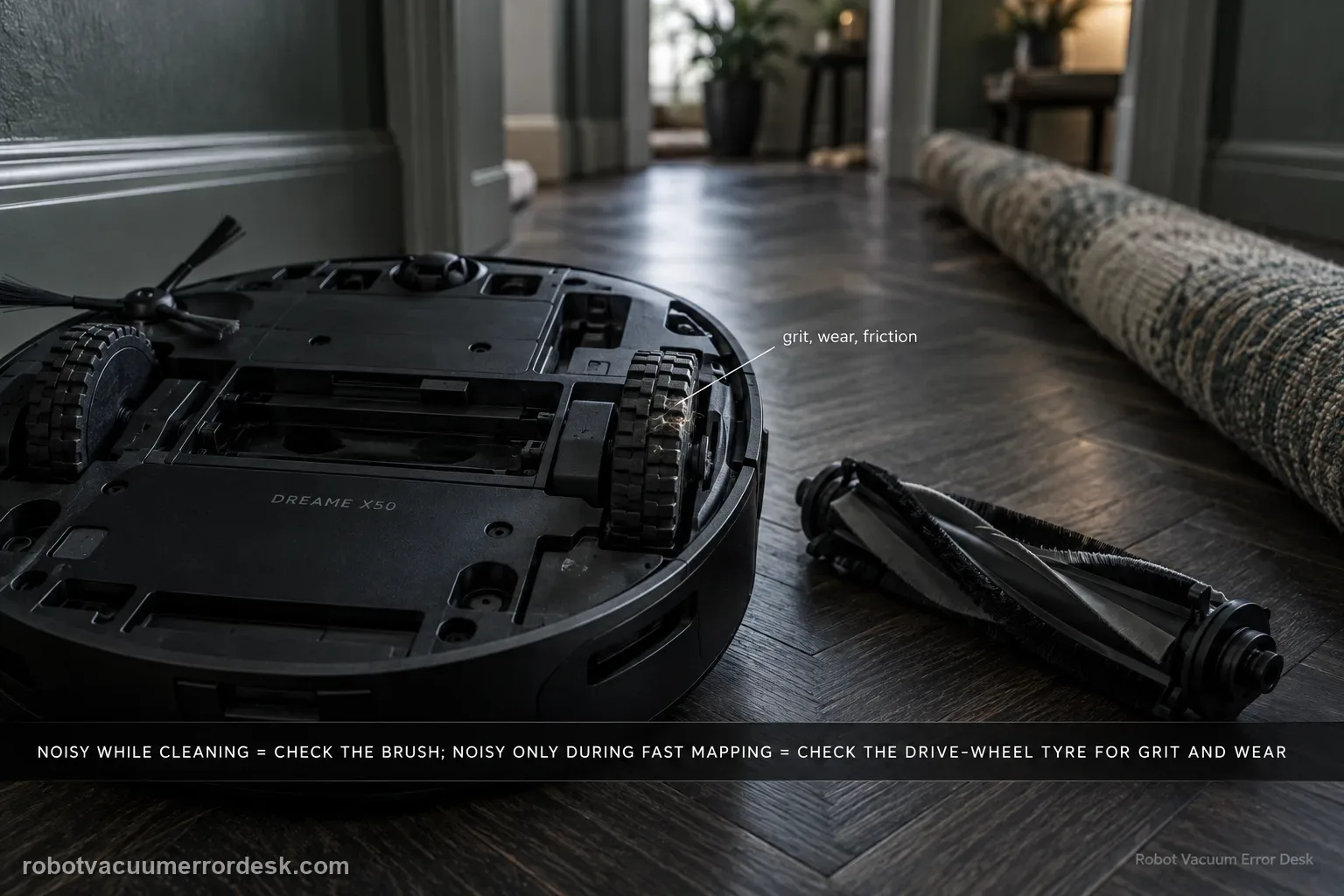 A flipped Dreame X50 on dark herringbone parquet showing one drive-wheel tyre and the main brush side by side, debris on the tread.