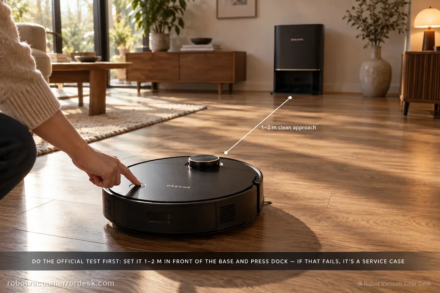 Dreame X50 placed on an oak floor about 1.5 metres directly in front of its powered base station with a clear approach and a hand just leaving the Dock button, captioned to do the official test first: set it 1 to 2 m in front of the base and press Dock, and if that fails it's a service case.