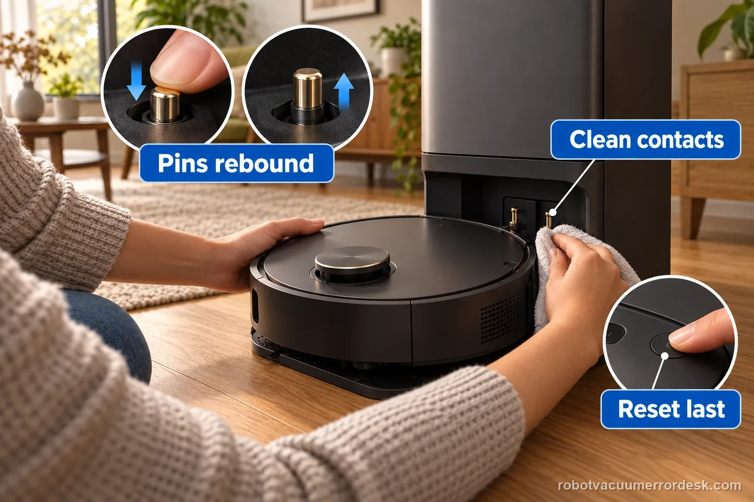 Generic robot vacuum at its dock with a dry-cloth contact check and close views of spring-loaded pins; labels show cleaning contacts, free pin movement, and reset as the last step.