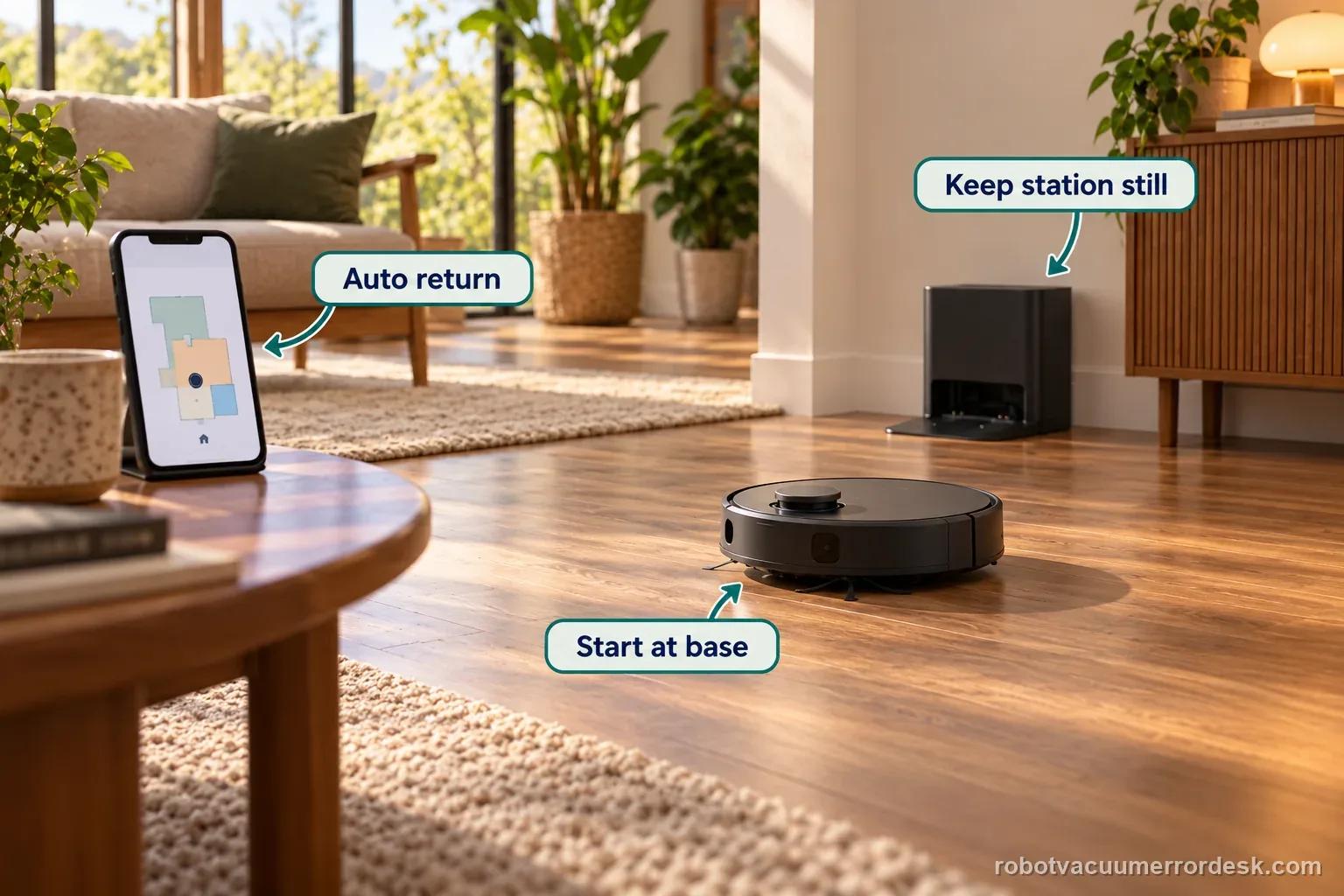 Unbranded robot vacuum leaving its charging base as a phone displays a partial map, with short labels for starting at the base, keeping the station still, and automatic return.