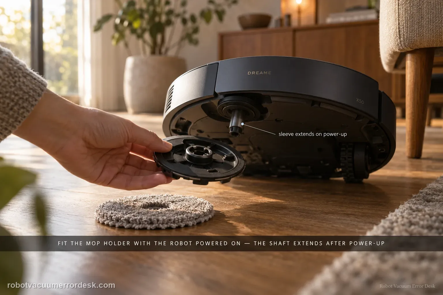 Floor-level shot of a detached round Dreame X50 mop pad and its holder on oak flooring beside the robot while a hand offers the holder to the robot's underside shaft, captioned to fit the holder with the robot powered on.