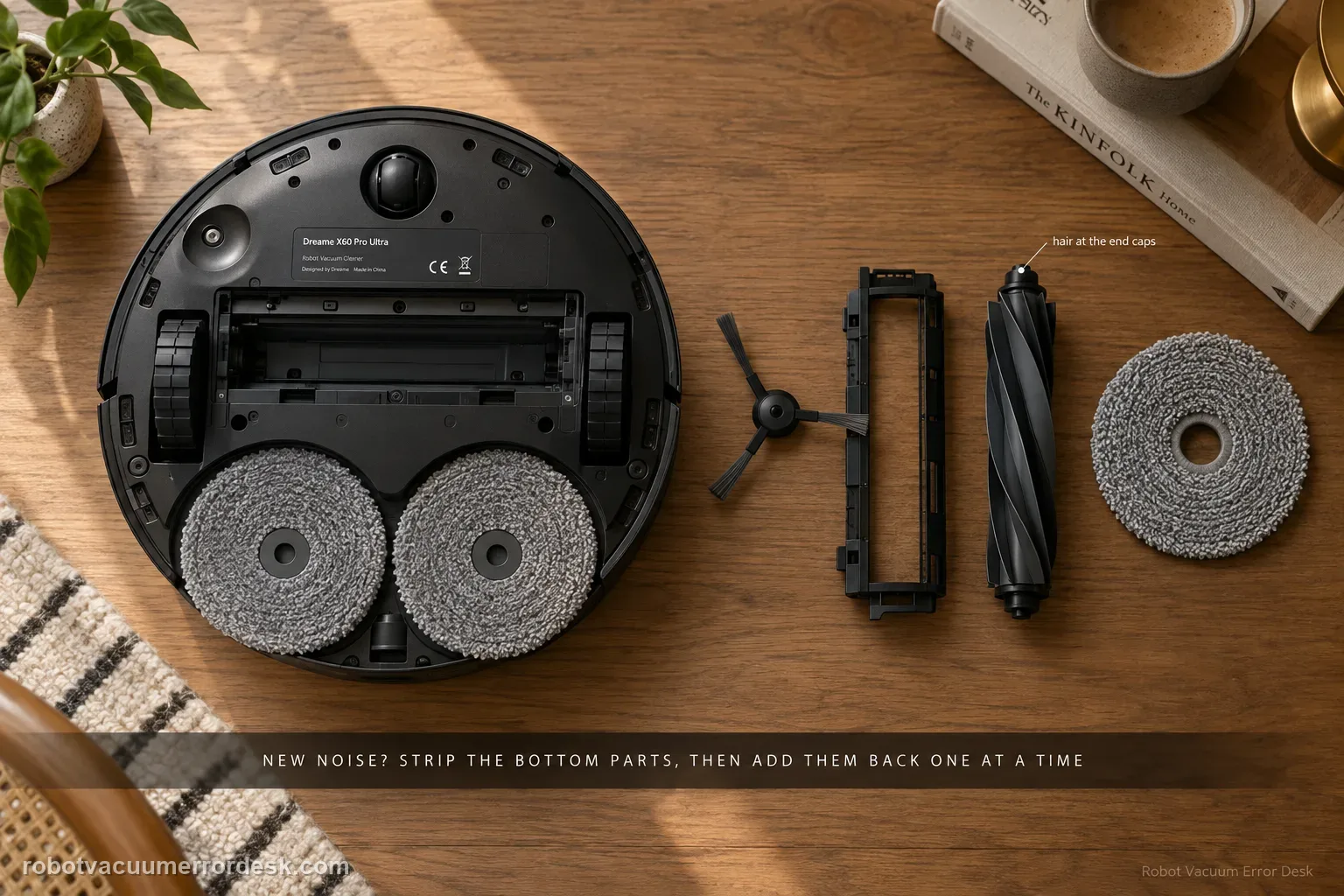 Overhead flat-lay of a flipped Dreame X60 Pro Ultra with its side brush, roller-brush cover, roller brush and mop pad laid out in a row beside it, captioned to strip the bottom parts and reintroduce them one at a time.