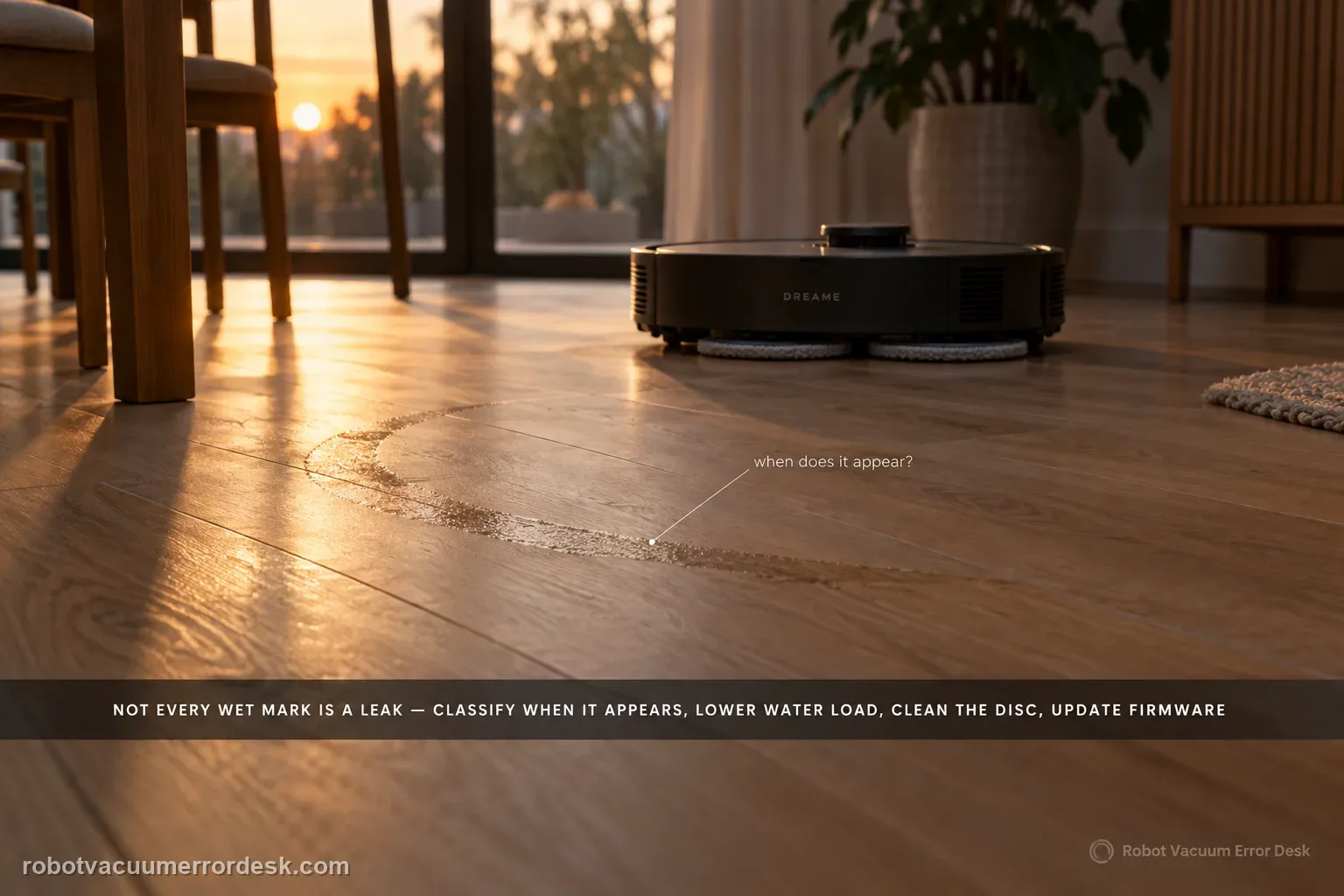 Low raking evening light across an oak floor revealing a faint damp arc drying behind a Dreame X60.