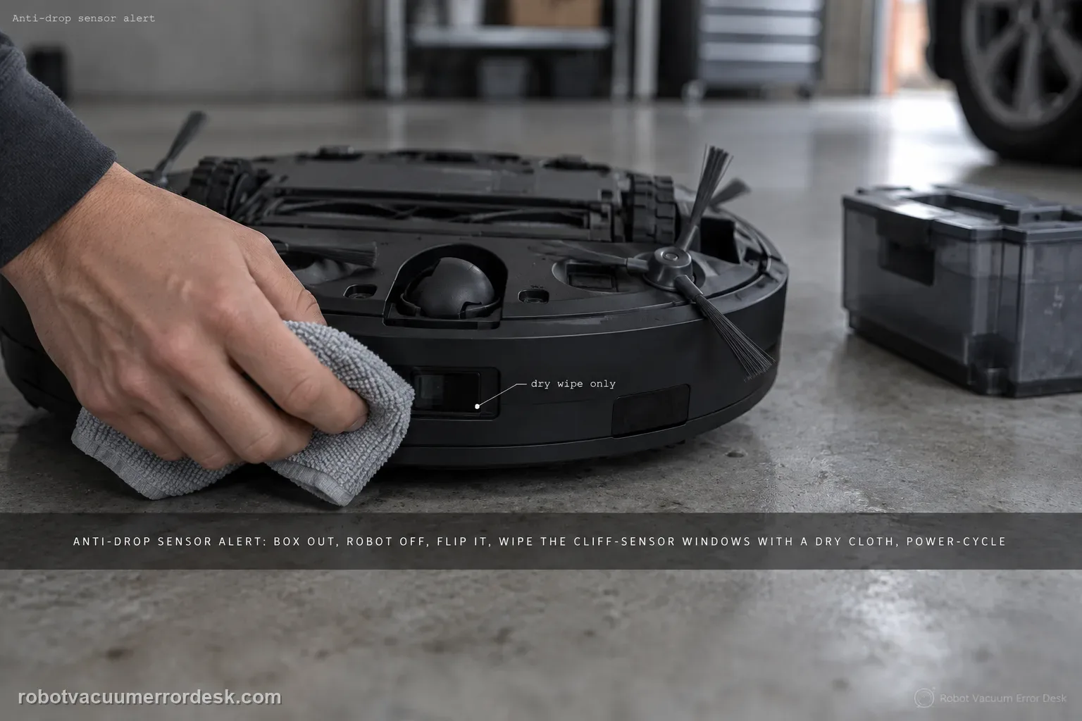 A dry microfibre cloth wiping an anti-drop sensor window on the underside of a DEEBOT T80 OMNI on grey garage concrete, the dirty-water box removed.