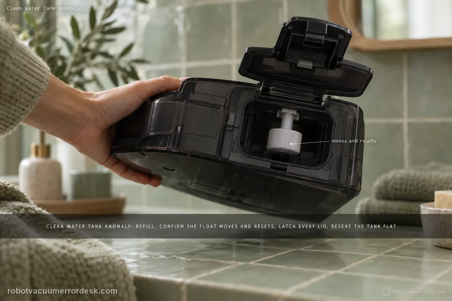 Hands tilting a DEEBOT T80 OMNI clean-water tank open over a green tiled bathroom surface to show the internal float and open lid latch.
