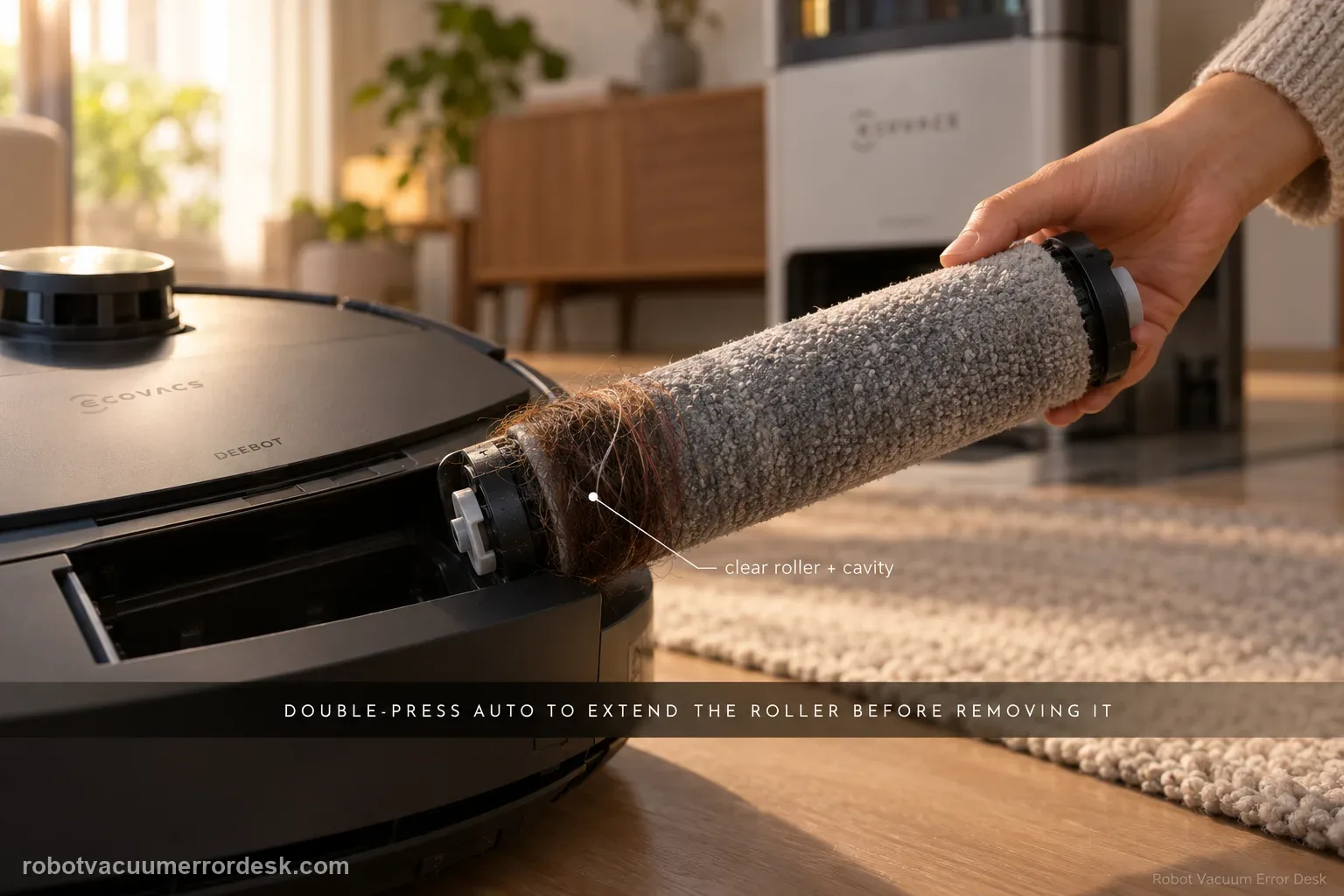 Cinematic macro of an ECOVACS DEEBOT T80 integrated roller mop extended from its bay with hair wrapped near one end while a hand lifts it clear, captioned to extend the roller with a double-press of AUTO before removing it.