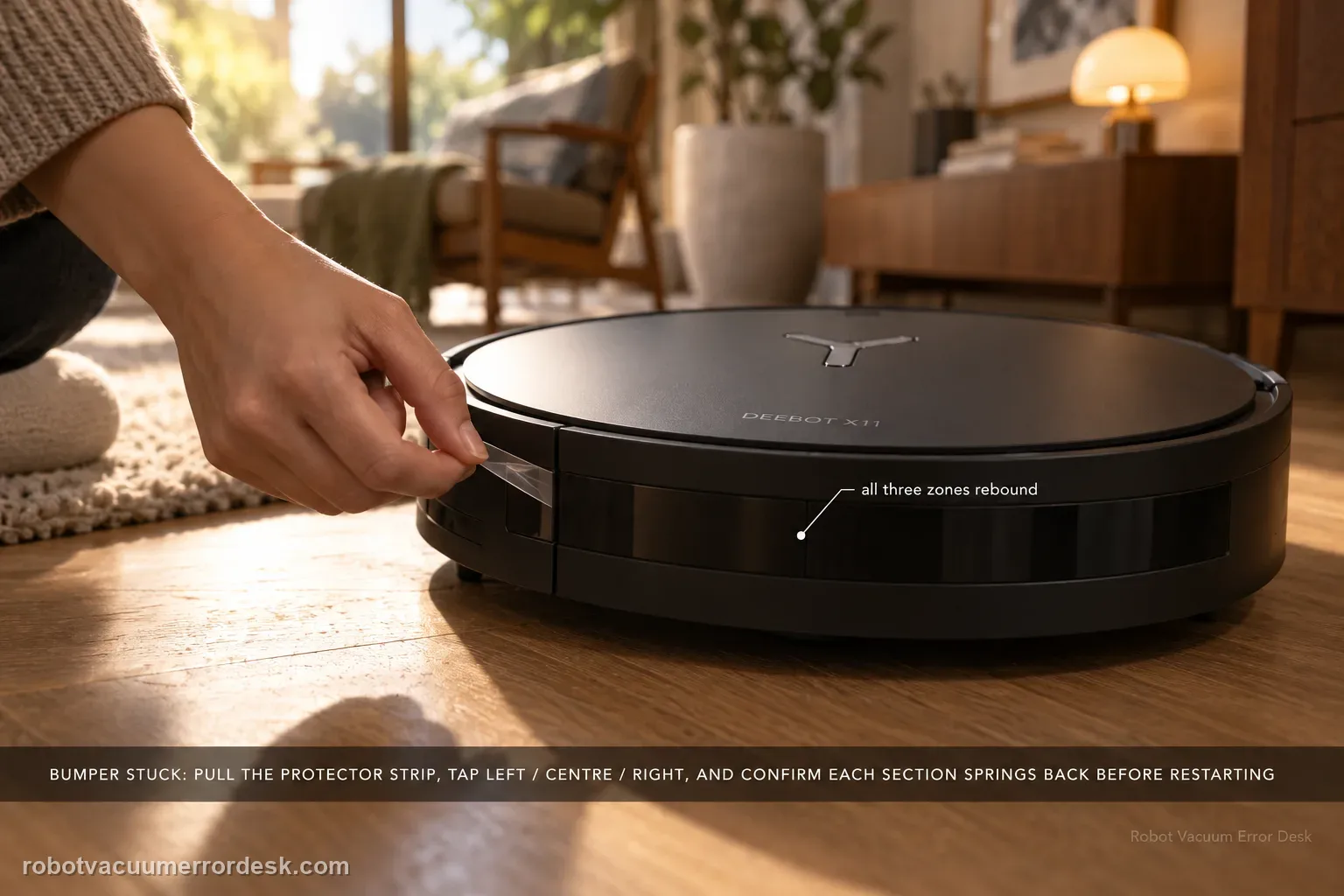 Low three-quarter shot of an ECOVACS DEEBOT X11 on an oak floor with a hand pressing the left section of the front bumper and the thin protector strip half-peeled away, captioned as Bumper Stuck: pull the protector strip, tap left / centre / right, and confirm each section springs back before restarting.