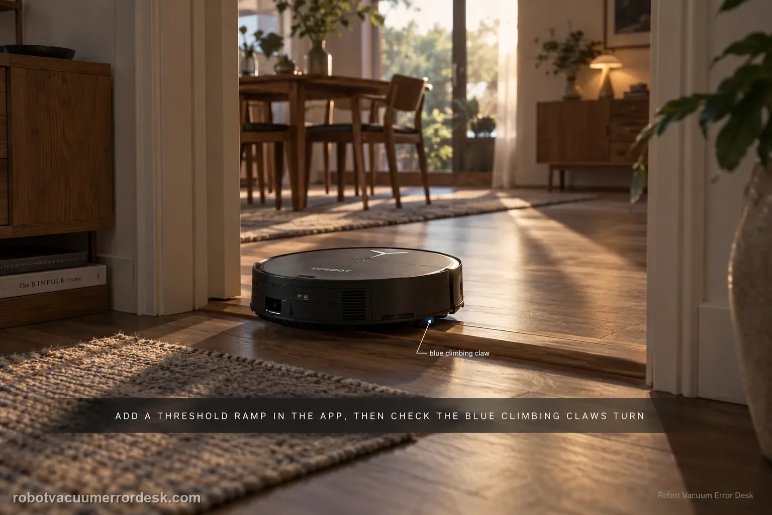 Wide cinematic shot of an ECOVACS DEEBOT X11 nosed against a low oak threshold strip in a doorway, unable to climb it, captioned to add a Threshold Ramp in the app and check that the blue climbing claws turn.