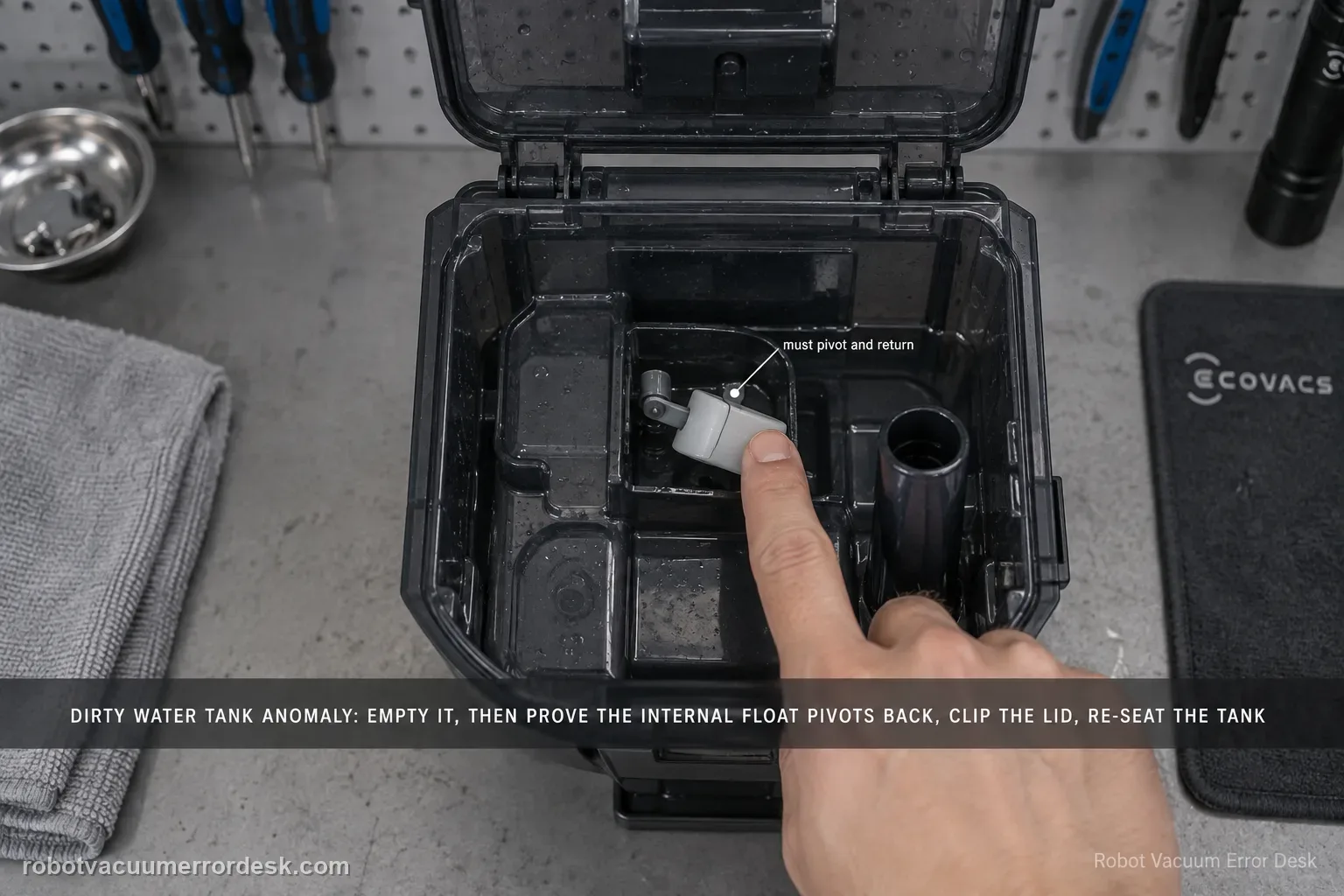 Overhead view into an open ECOVACS DEEBOT X11 dirty-water tank on a grey garage workbench, a finger tipping the internal float to show it pivots and returns.