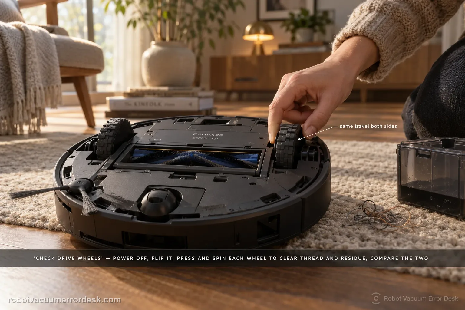Flipped ECOVACS DEEBOT X11 with the dirty-water box removed and a hand pressing and rotating one rubber drive wheel to check its travel, threads pulled loose beside it, captioned that a 'check drive wheels' alarm means power off, flip it, press and spin each wheel to clear thread and residue, and compare the two.