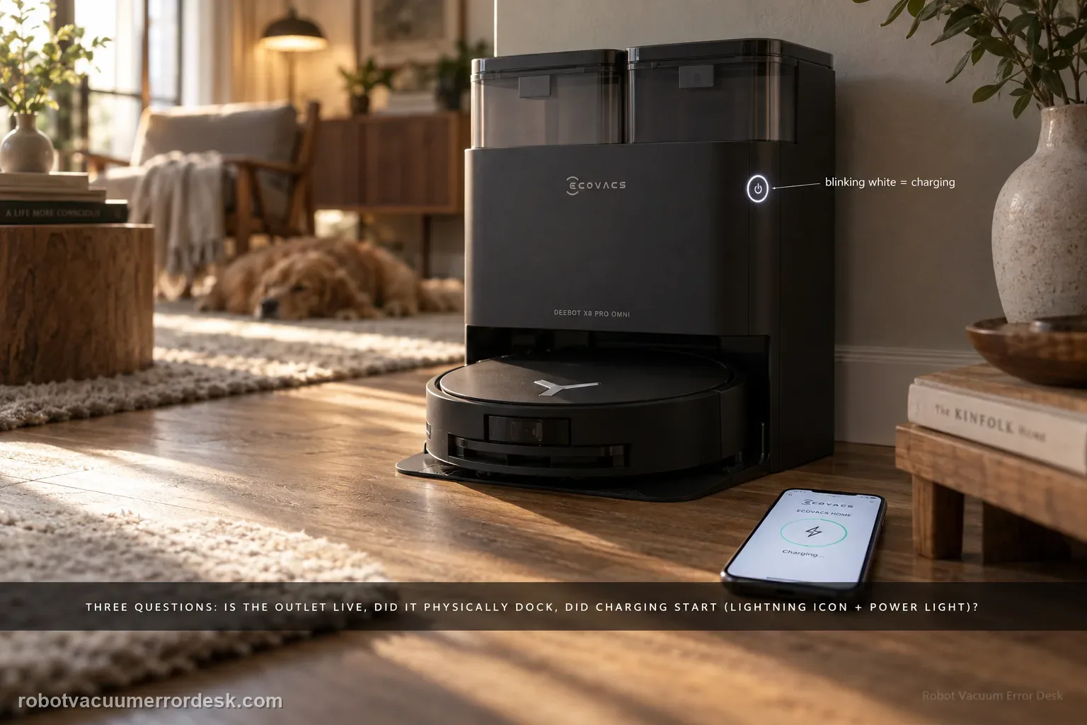 ECOVACS DEEBOT X8 Pro Omni docked against a wall with the station power button glowing and a phone showing the ECOVACS HOME charging screen with a lightning icon, captioned with three questions: is the outlet live, did it physically dock, did charging start (lightning icon plus power light)?