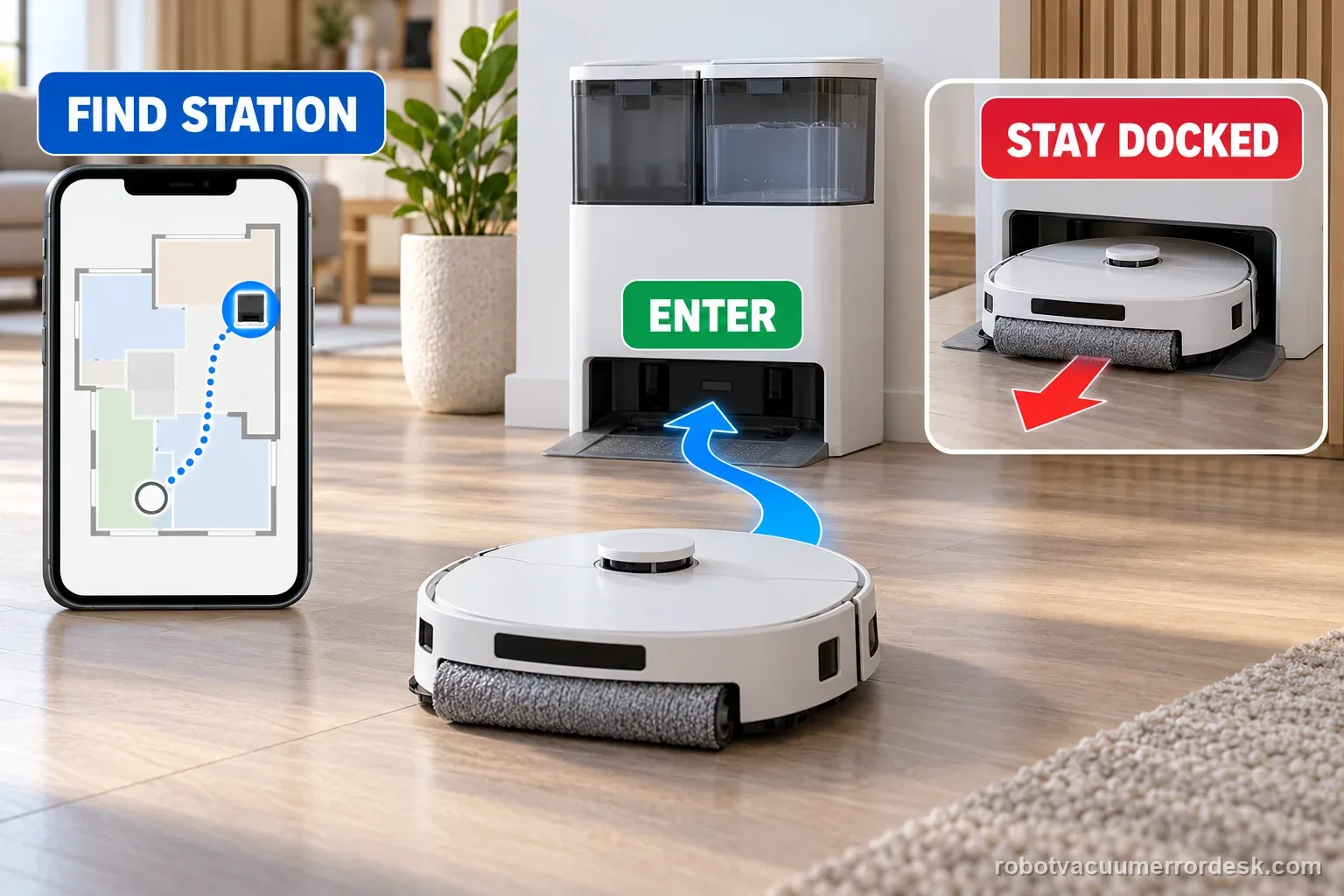 Unbranded robot vacuum and wash station show three return stages: find the station, enter, and stay docked.