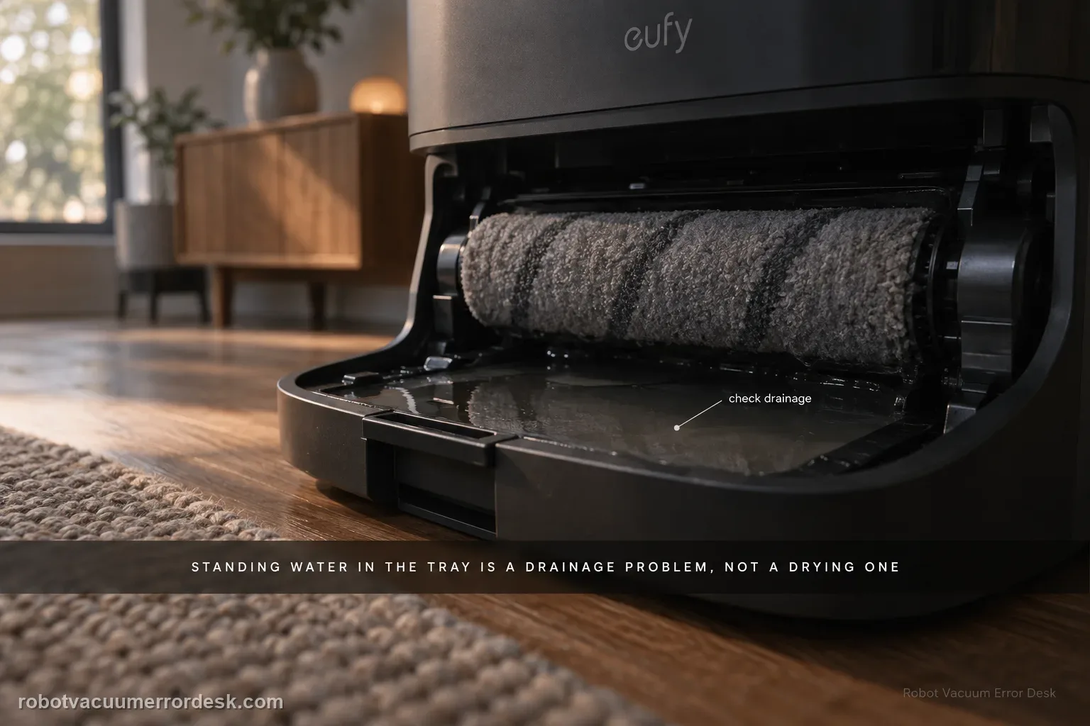 Moody close detail of a eufy E28 station cleaning tray holding a shallow film of grey water below the damp roller mop, captioned that standing water in the tray is a drainage problem rather than a drying one.