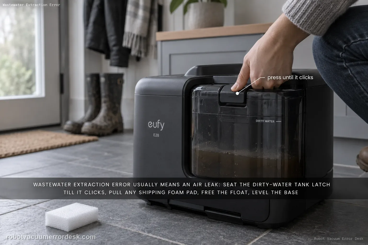 A thumb pressing the dirty-water tank latch on an eufy E28 base until it seats, a foam shipping pad removed on the slate floor.