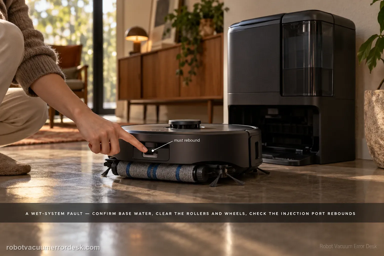 eufy Omni E28 pulled forward of its station while a hand presses the water-injection port to check it springs back, roller mop and side brushes visible, captioned as a wet-system fault: confirm base water, clear the rollers and wheels, check the injection port rebounds.