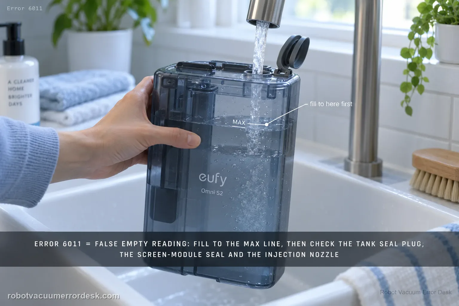 Filling an eufy Omni S2 clean-water tank from a laundry tap, the water rising toward the moulded MAX line, Error 6011 tagged in the corner.
