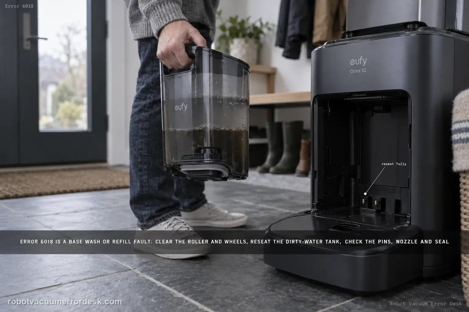 The eufy Omni S2 dirty-water reservoir lifted out of its base in a slate-tiled mudroom, the empty base bay visible, Error 6018 tagged in the corner.
