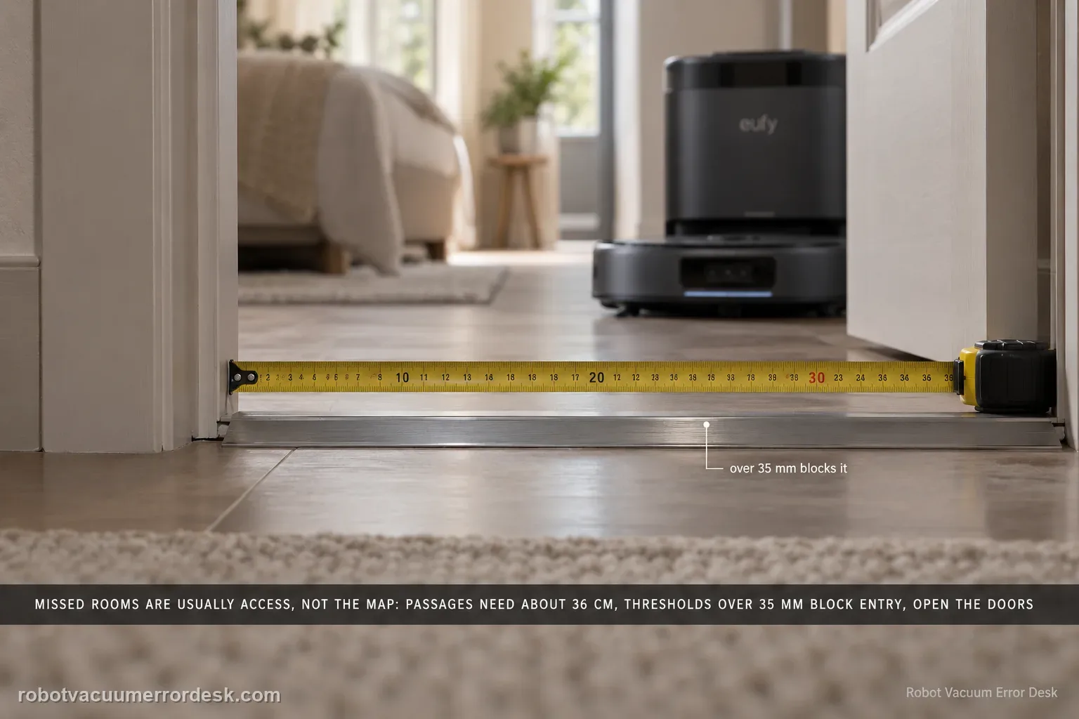 A tape measure laid across a doorway opening showing the gap width, an eufy Omni S2 waiting just outside past a low threshold strip.