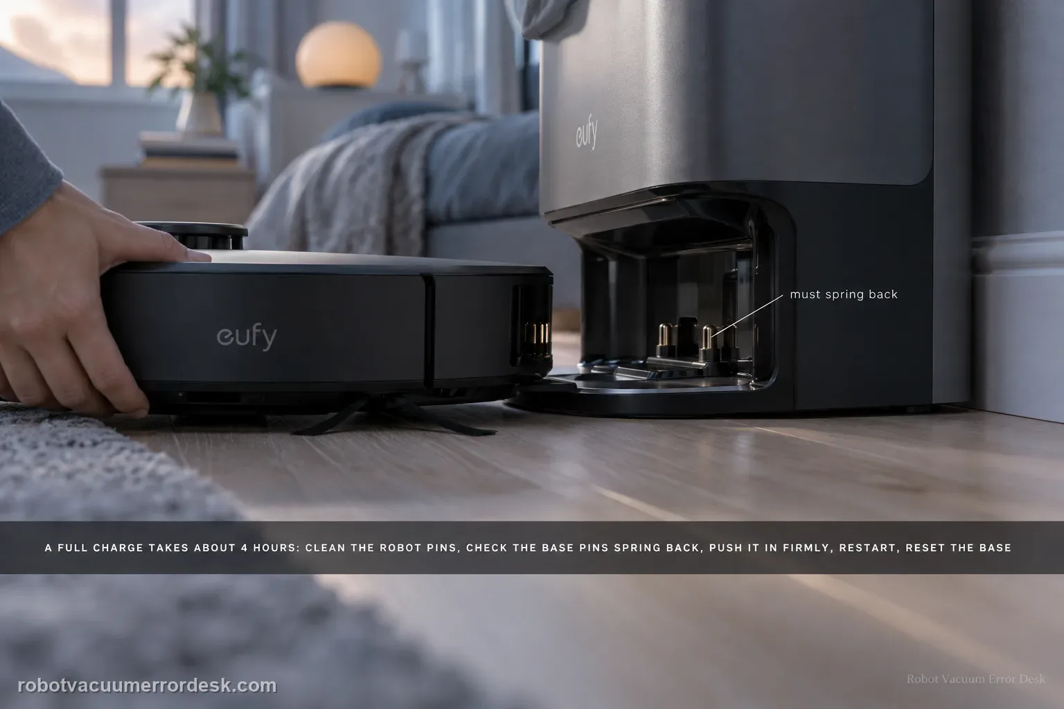 An eufy Omni S2 pushed onto its base in a dawn-lit bedroom corner so the robot charging pins and base pins align and touch.