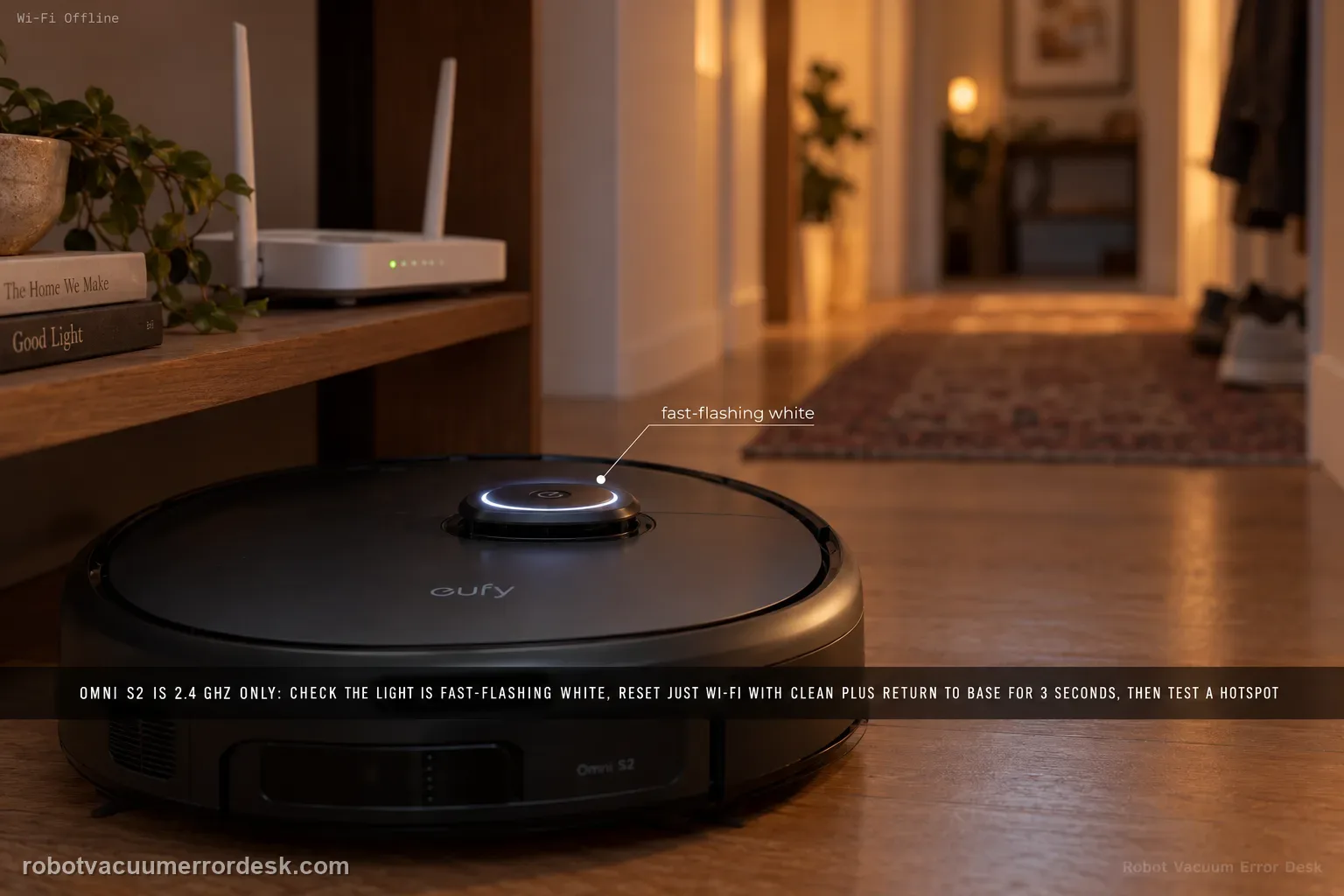 An eufy Omni S2 on an oak hallway floor below a home router, its circular top light caught mid-flash, Wi-Fi Offline tagged in the corner.