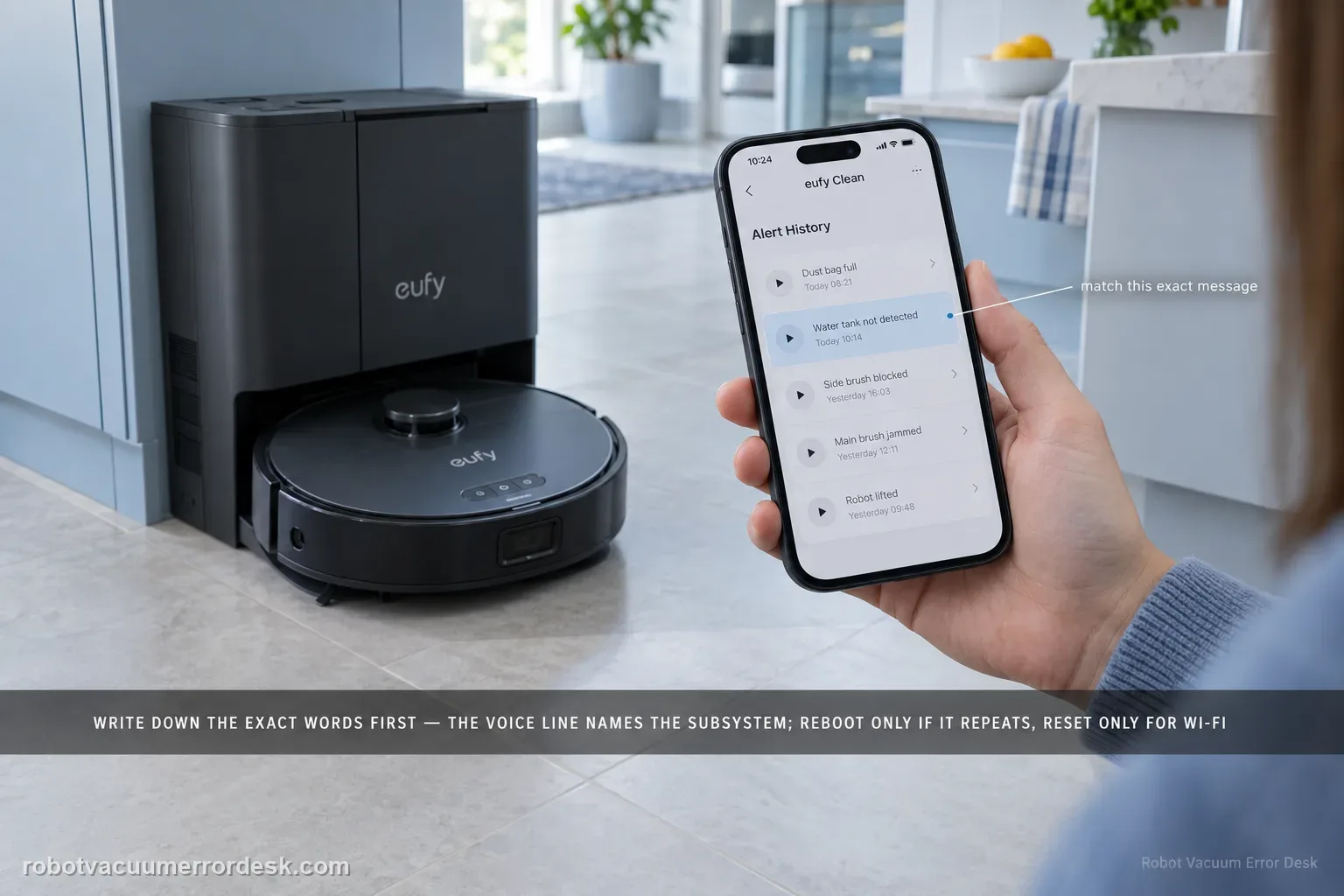 Eye-level shot in a cool north-lit kitchen with pale grey large-format tile, a eufy X10 Pro Omni by its station while a hand holds a phone showing the eufy Clean alert history with one voice message highlighted, captioned to write down the exact words first because the voice line names the subsystem: reboot only if it repeats, reset only for Wi-Fi.