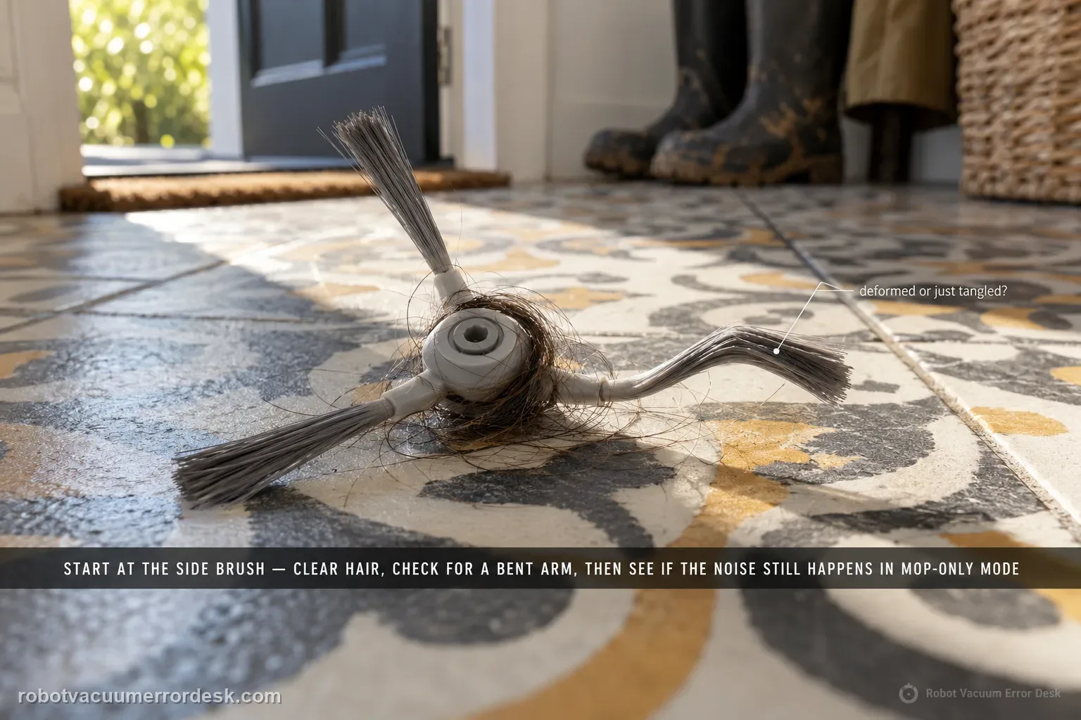 Floor-level macro in an entryway with encaustic patterned cement tiles and bright side light from an open door, a Narwal Flow side brush filling the frame with hair wound around its hub and one bristle arm bent out of shape, captioned to start at the side brush: clear hair, check for a bent arm, then see if the noise still happens in mop-only mode.