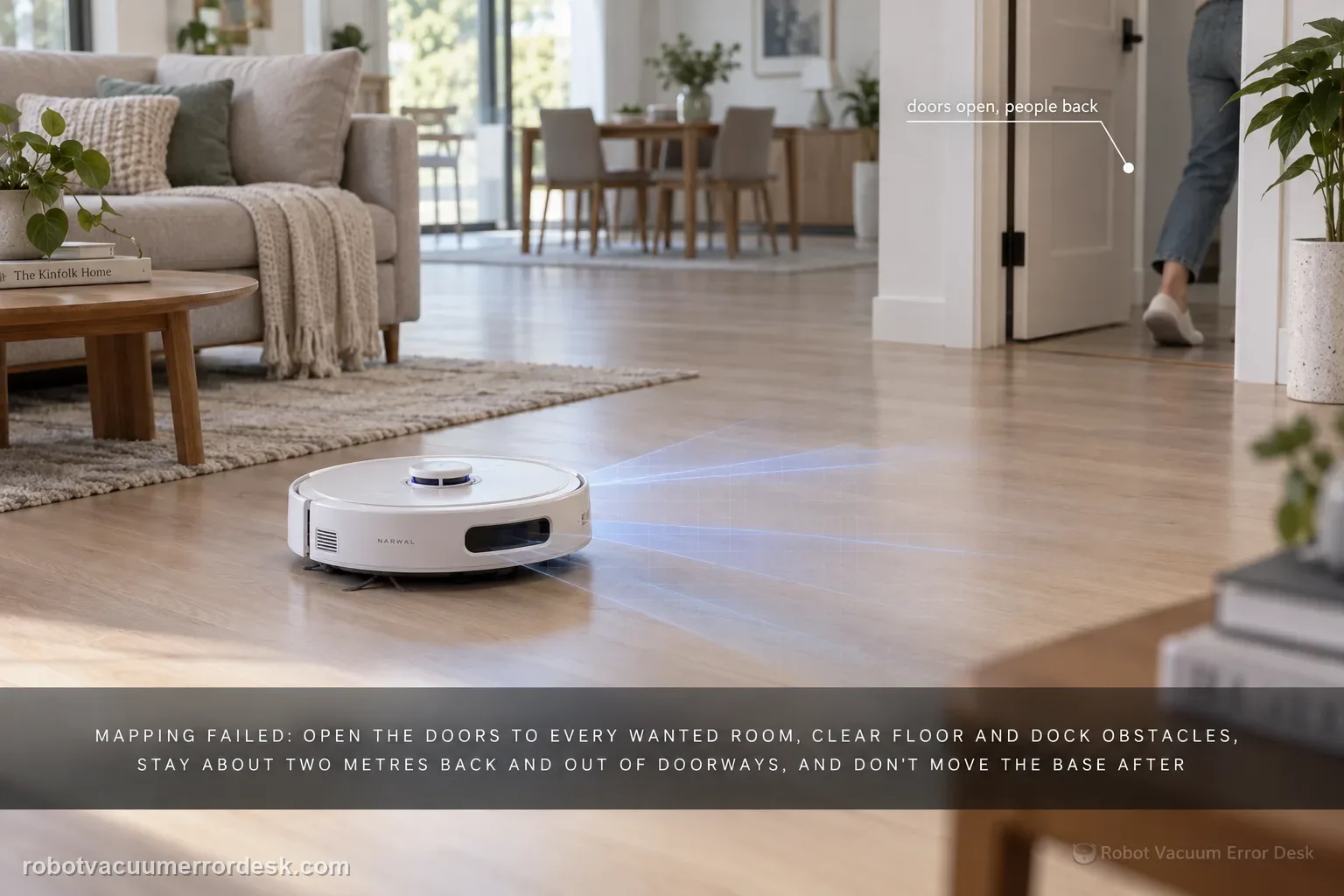 A Narwal Freo Z Ultra mid-map on an open living-area floor with a door standing open to another room, a person’s feet stepping back out of the doorway.
