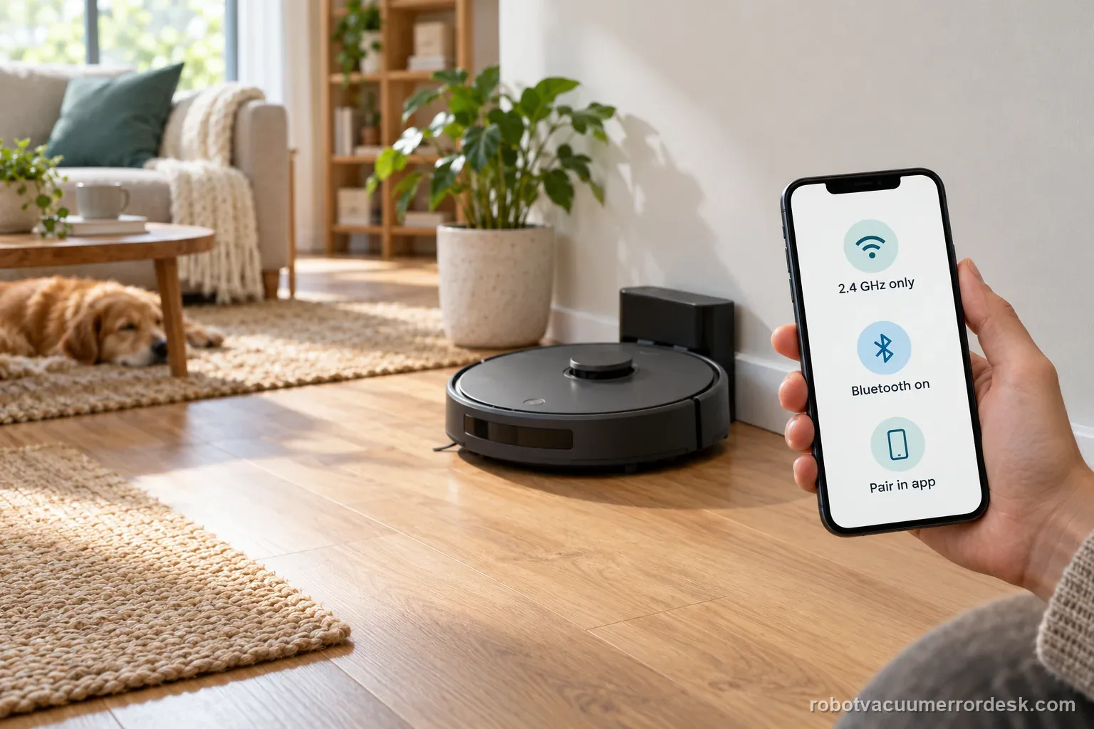 A generic robot vacuum and charging base beside a phone labeled for 2.4 GHz Wi-Fi, Bluetooth, and in-app pairing.