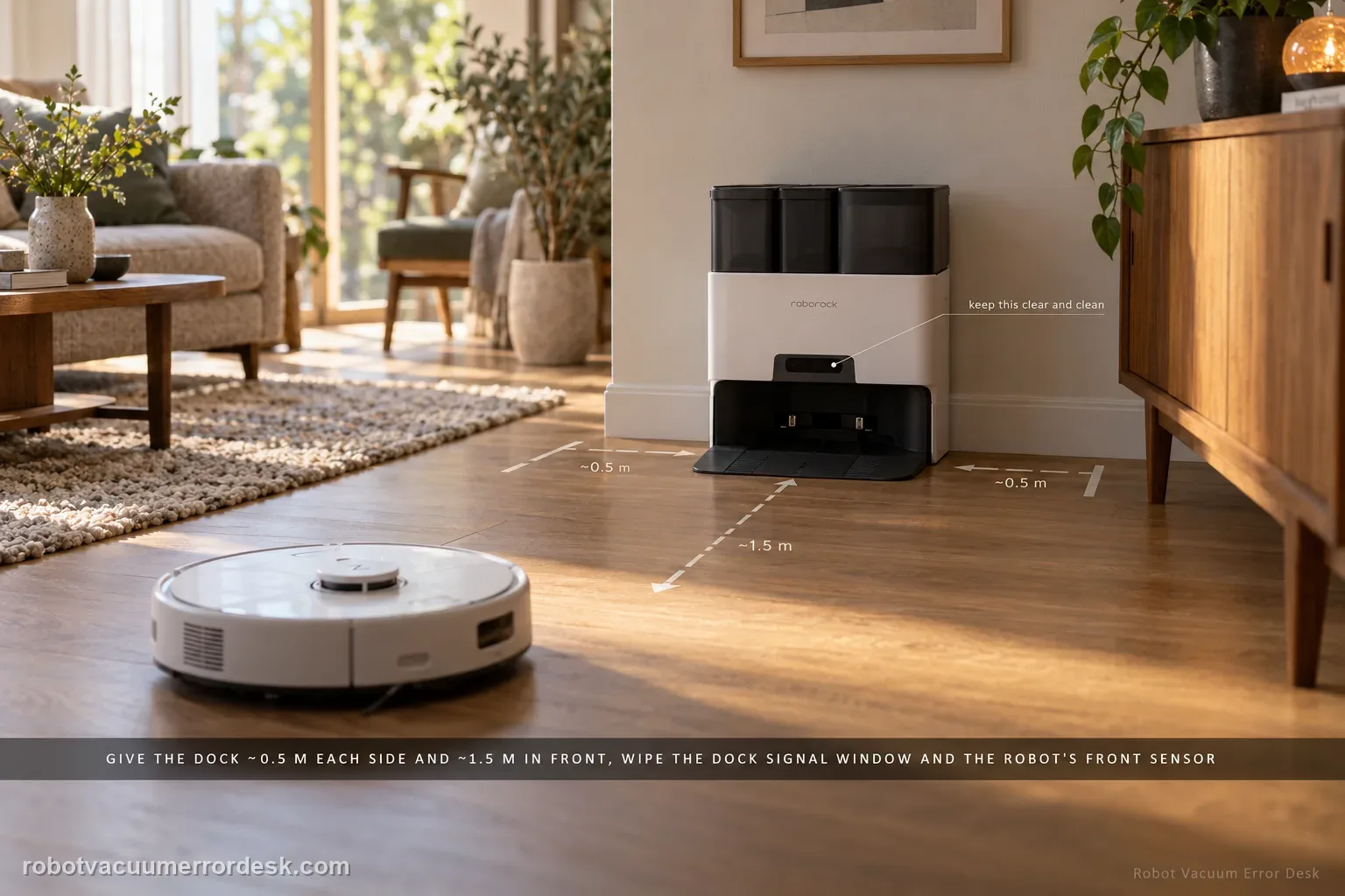 Roborock S7 dock set against a wall with clearly open floor around it, faint floor tape marking side and front clearance and the robot angling toward it, captioned to give the dock about 0.5 m each side and 1.5 m in front and wipe the dock signal window and the robot's front sensor.