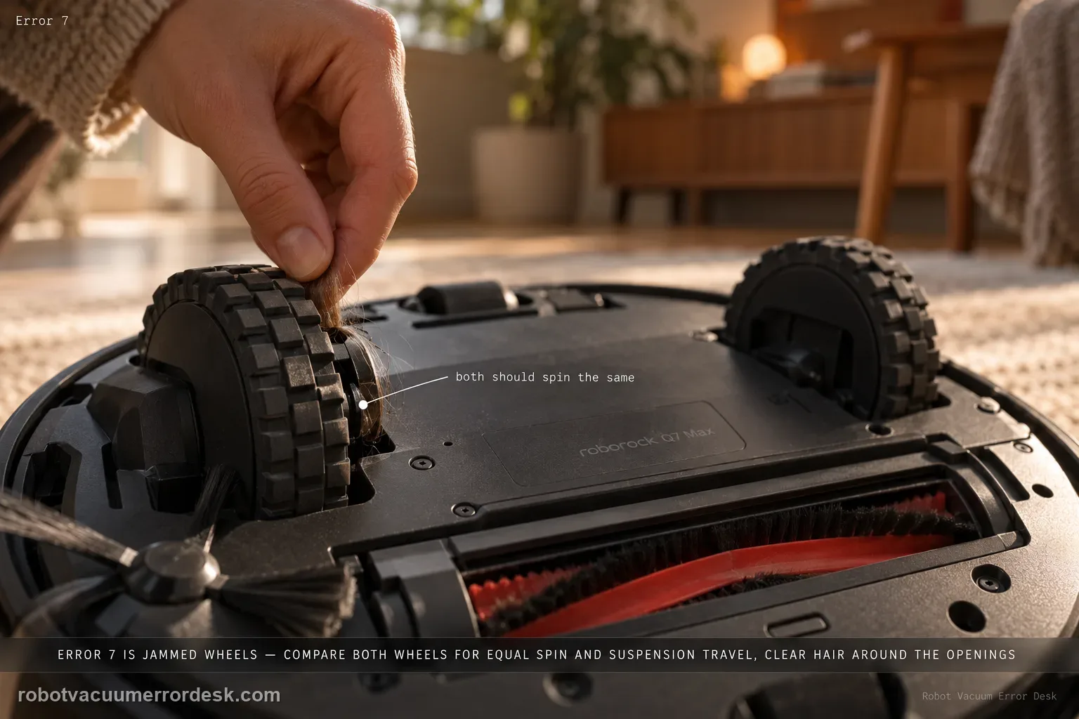 Macro of a flipped Roborock Q7 Max with one rubber drive wheel in focus and a thin coil of hair being pulled from the axle gap and the second wheel visible for comparison, captioned that Error 7 is jammed wheels: compare both wheels for equal spin and suspension travel, clear hair around the openings.