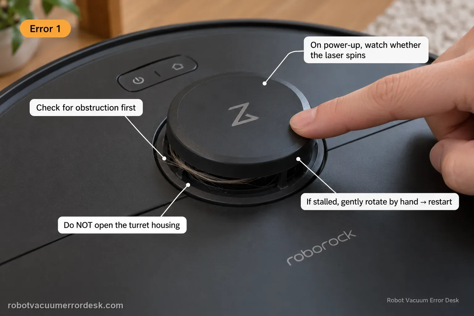 Macro top-down view of a Roborock Q7 Max LiDAR turret with a hair strand jamming its rotation and a fingertip about to nudge it, labelled with obstruction, laser-spin, manual-rotate and do-not-open checks.