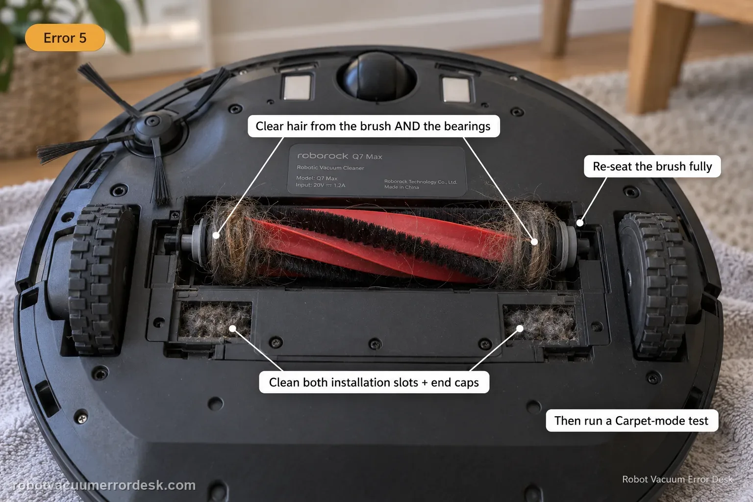 Underside of a flipped Roborock Q7 Max with the main brush half-removed, hair wrapped at both end caps and debris packed in the installation slots, labelled with the brush, bearing, slot and re-seat steps.