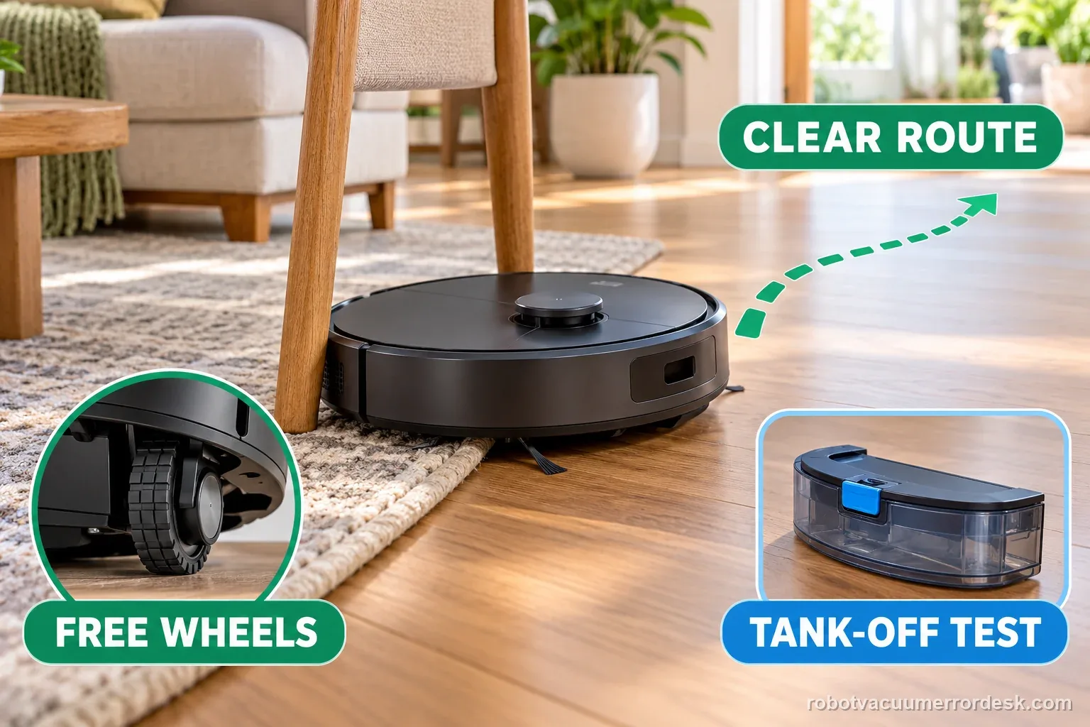 An unbranded robot vacuum at a rug edge points toward open floor; inset details show free wheels and a tank removal test.
