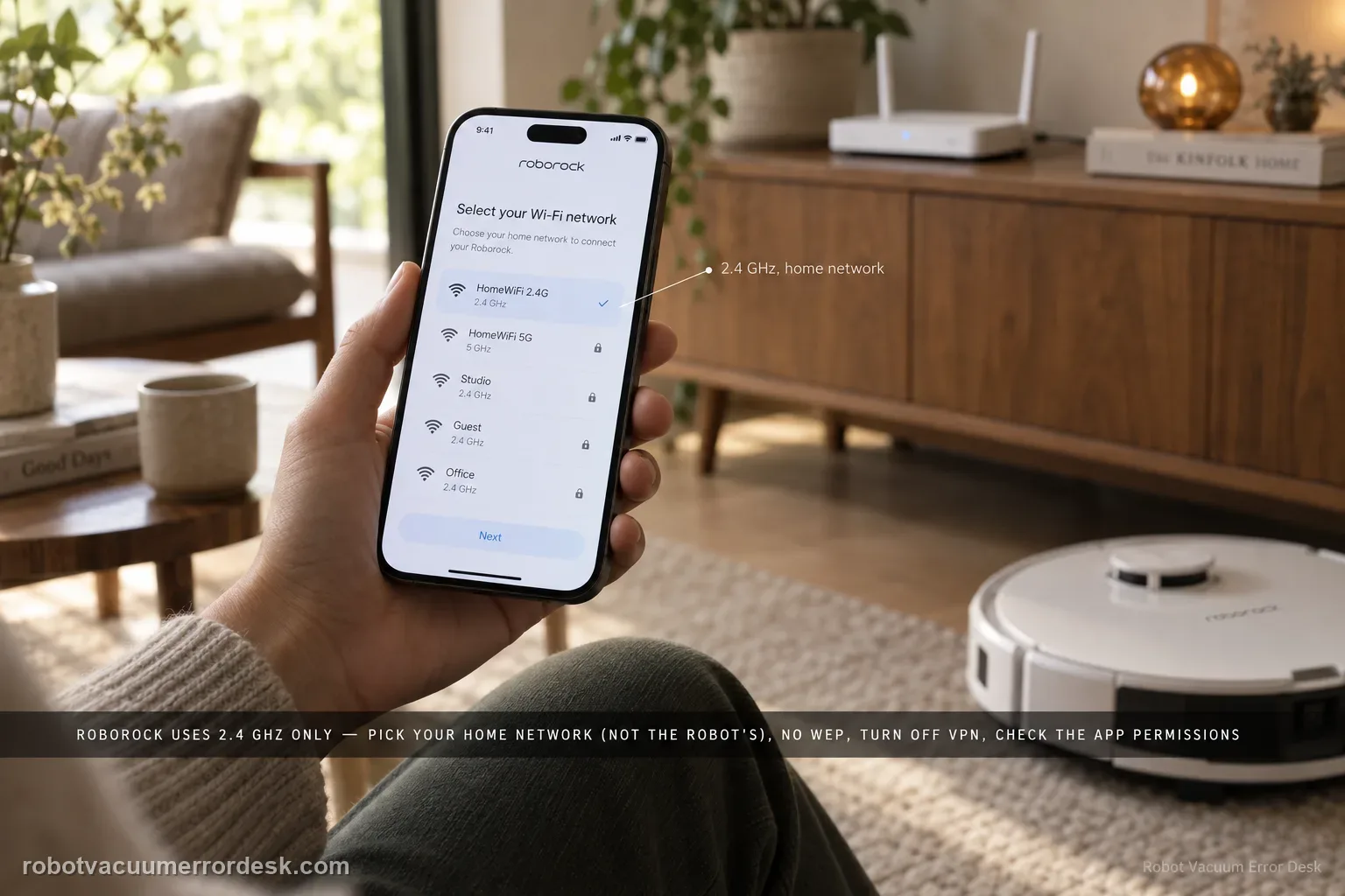 Hand holding a phone showing the Roborock app Wi-Fi network list with a 2.4 GHz home network highlighted and a router on a sideboard behind and the Qrevo robot at the edge of frame, captioned that Roborock uses 2.4 GHz only: pick your home network (not the robot's), no WEP, turn off VPN, check the app permissions.