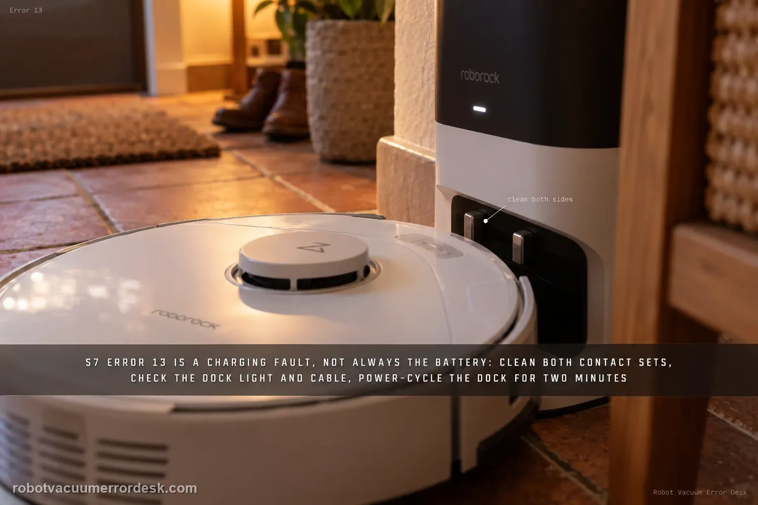 A Roborock S7 nosed onto its dock with the metal charging contacts meeting and the dock indicator light in frame, Error 13 tagged in the corner.