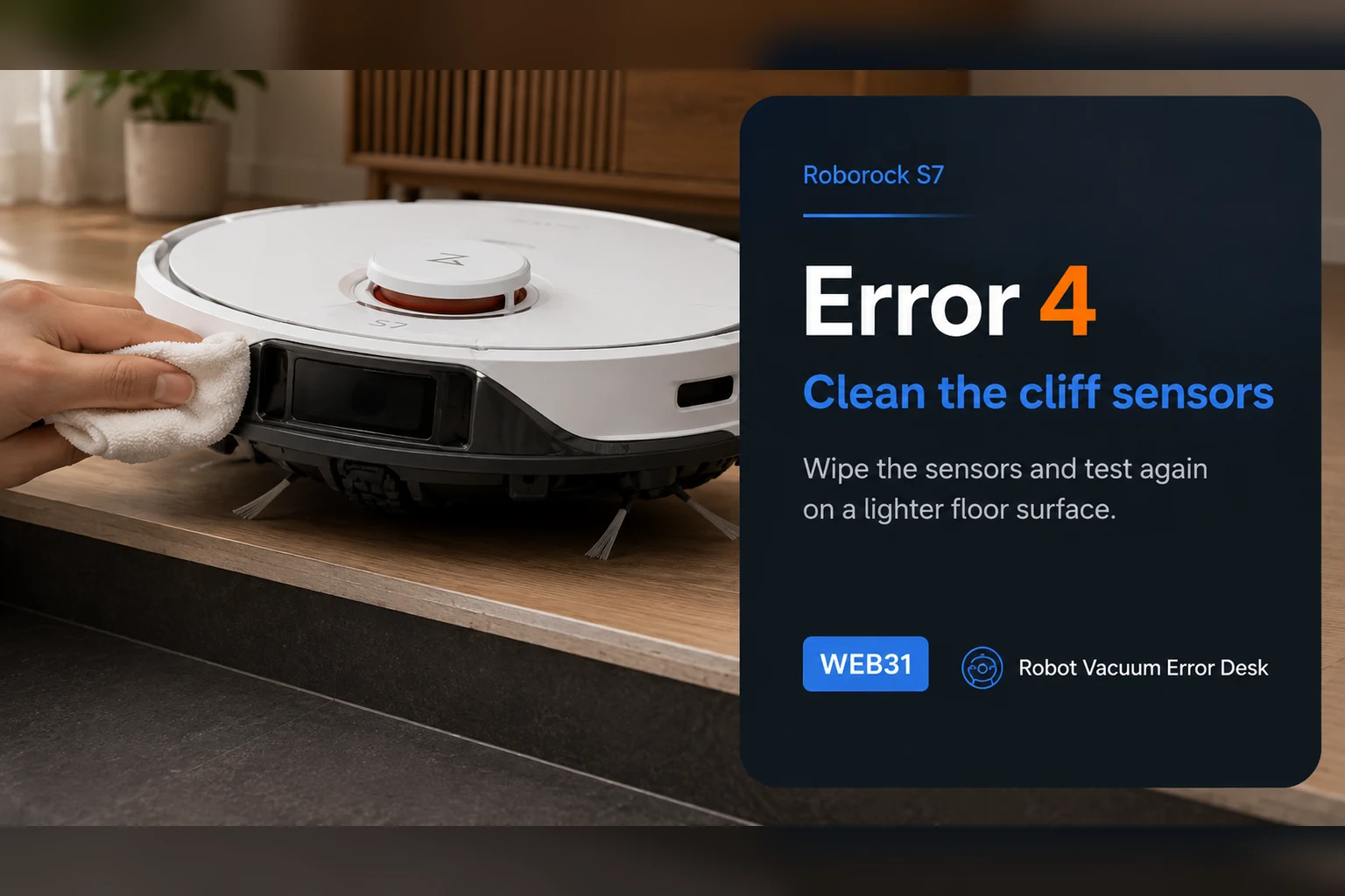 Roborock S7 Error 4 troubleshooting graphic showing the lower sensor area being cleaned before a lighter-floor retest.
