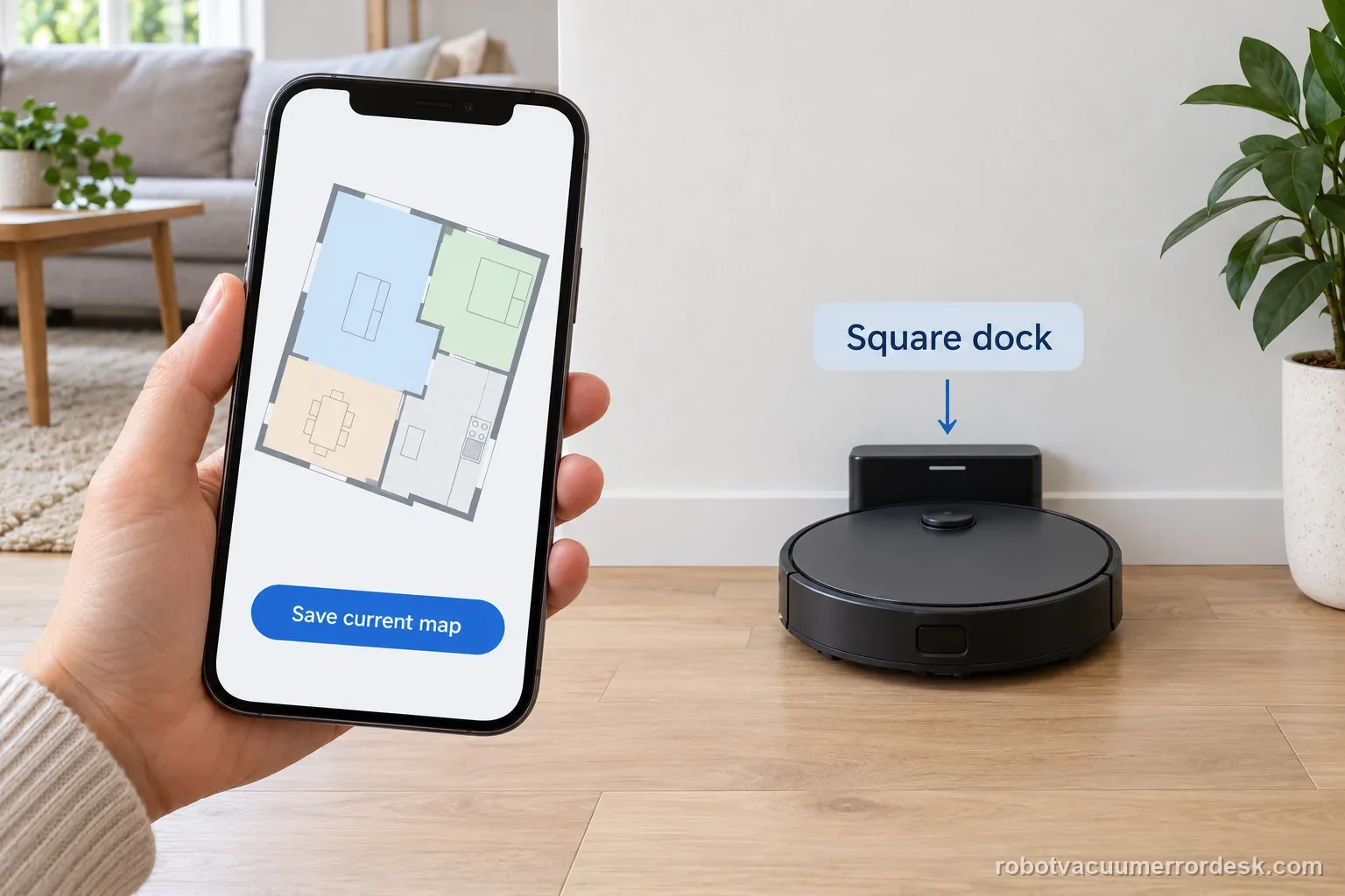 An unbranded robot vacuum sits square at its dock beside a phone showing a tilted room map and a save-map label, illustrating a dock-reference check.