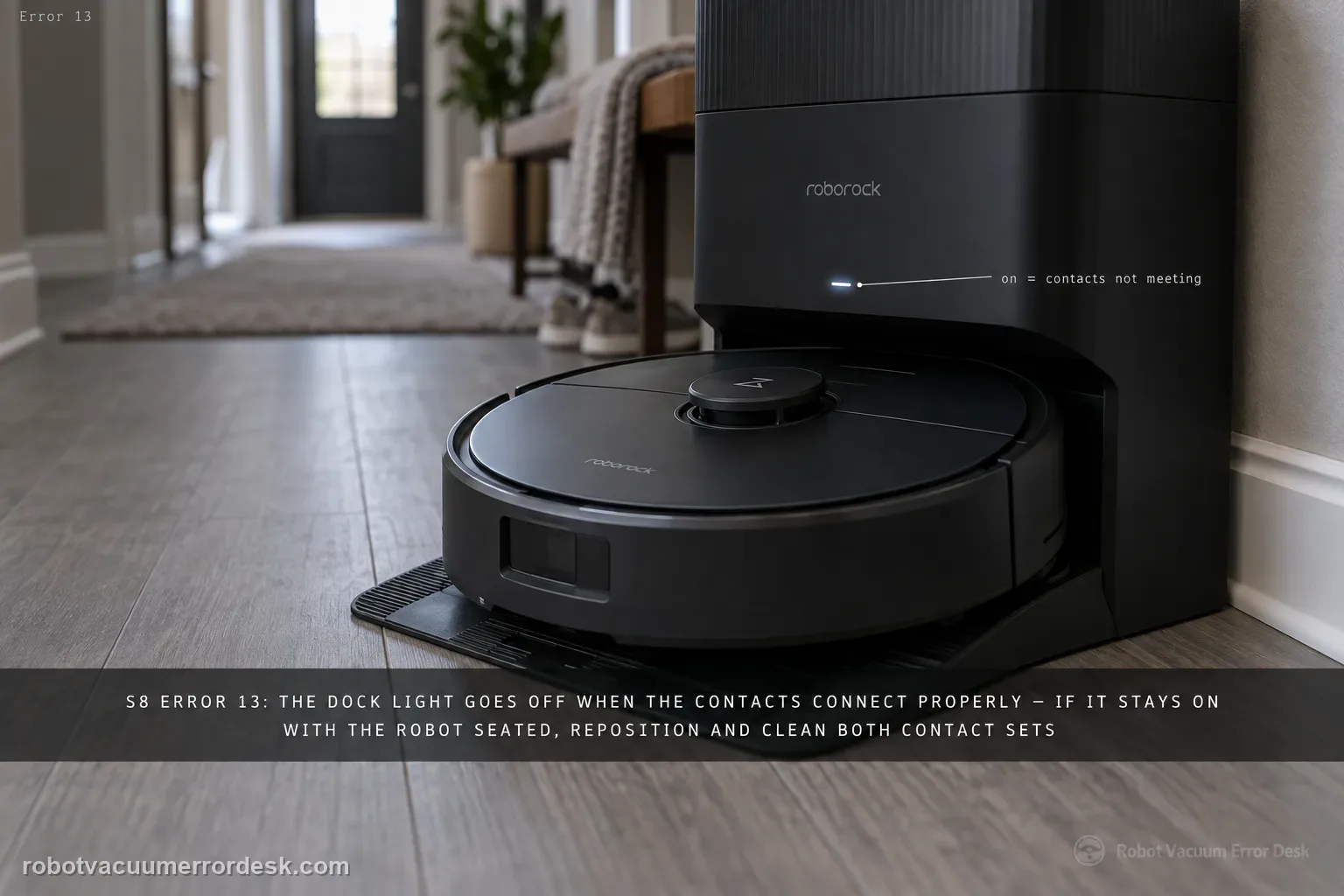 A Roborock S8 seated on its dock in a hallway with the dock indicator light clearly lit while the robot sits docked, Error 13 tagged in the corner.