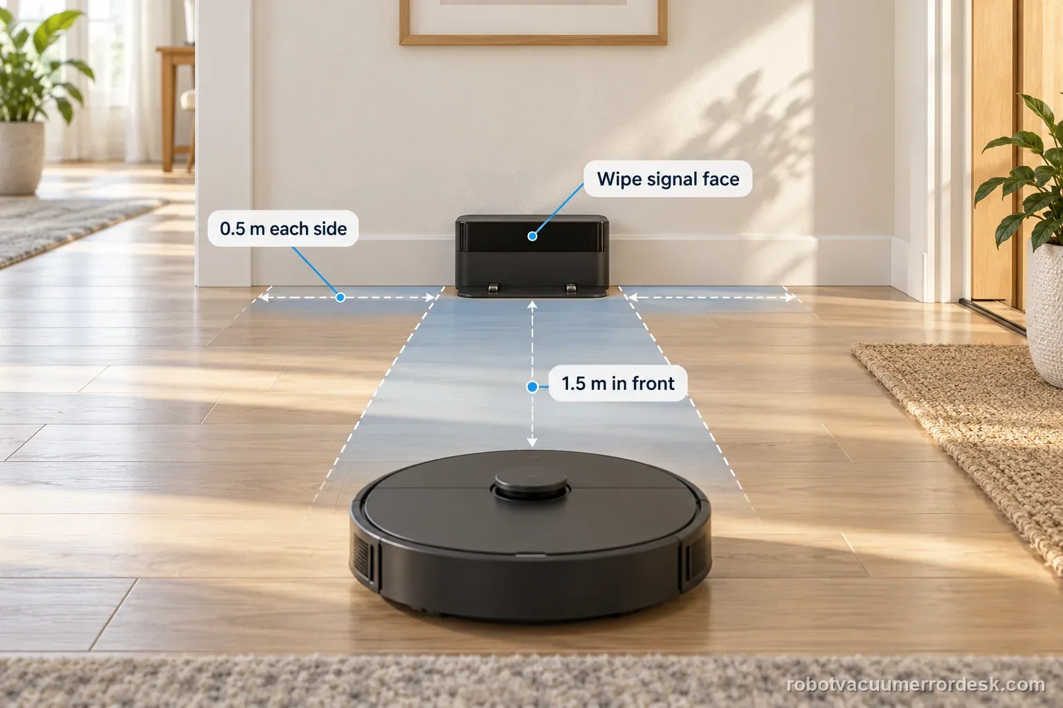 A generic robot vacuum approaches a plain dock with callouts for 0.5 m side clearance, 1.5 m in front, and the signal face to wipe.